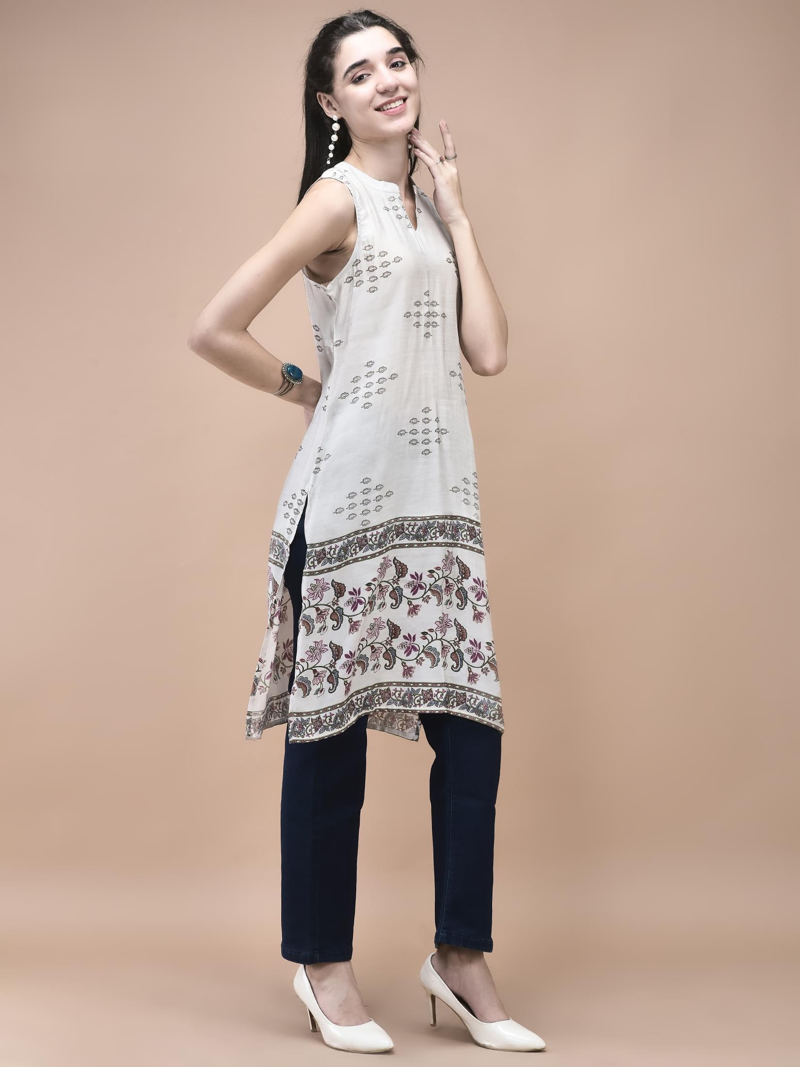 Women Muslin Magenta Mughal Print Kurta.