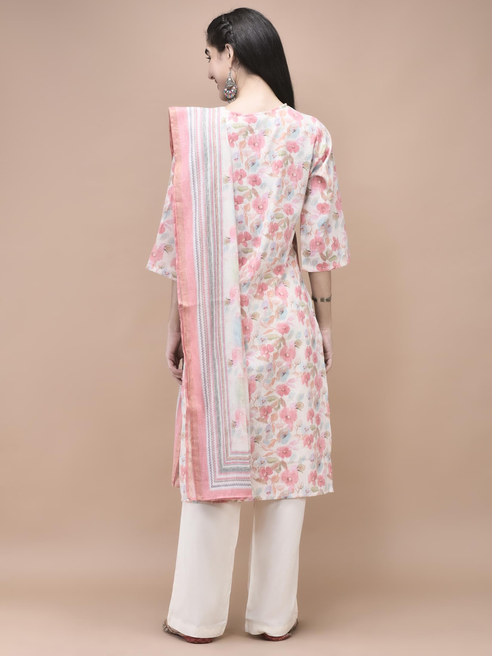Women Linen Peach Multi color Floral Print Kurta Comfort Pant Dupatta.