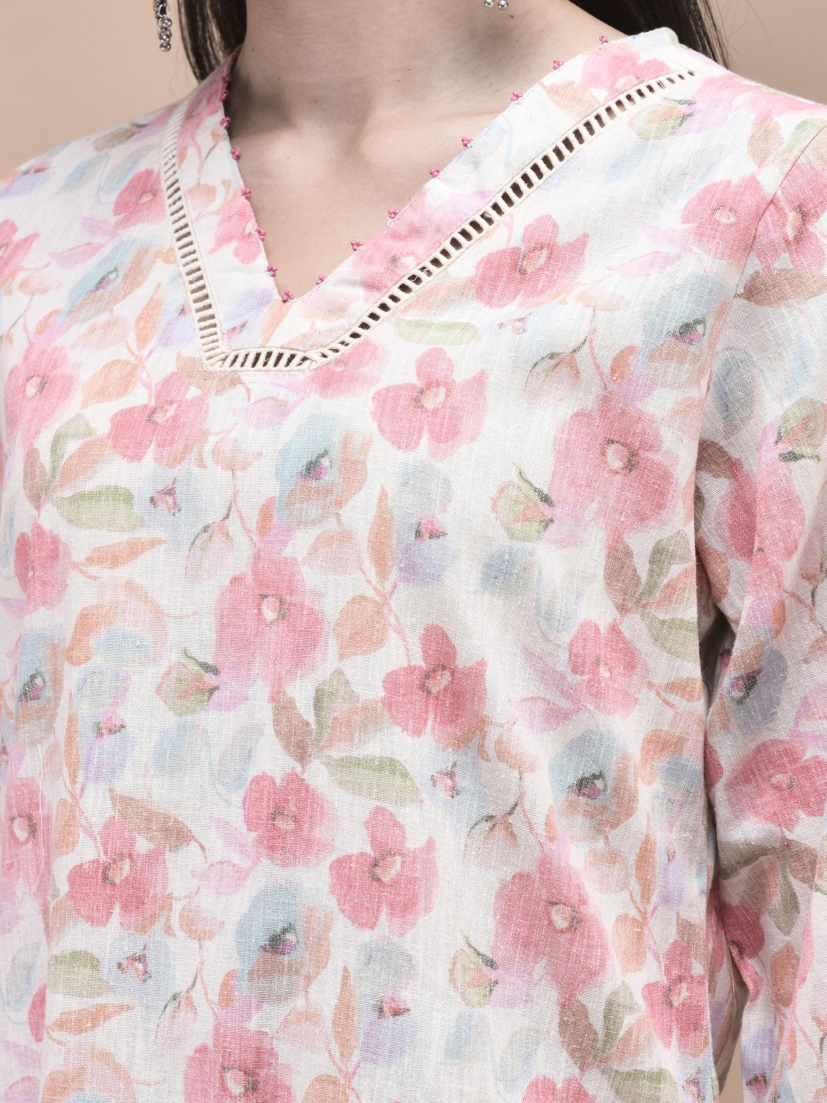 Women Linen Peach Multi color Floral Print Kurta Comfort Pant Dupatta.