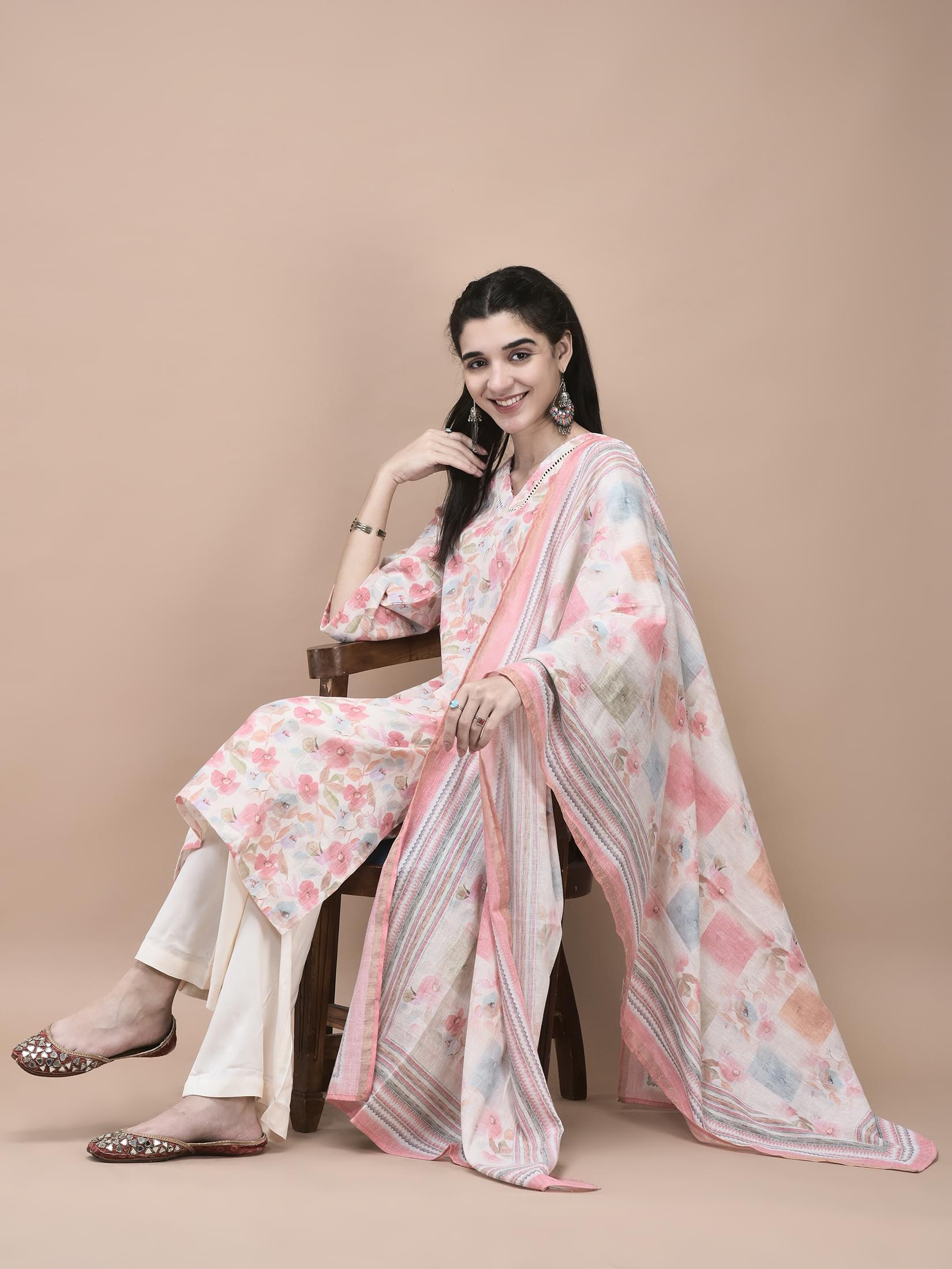 Blush peach multi colored floral splash printed linen premium comfort suit