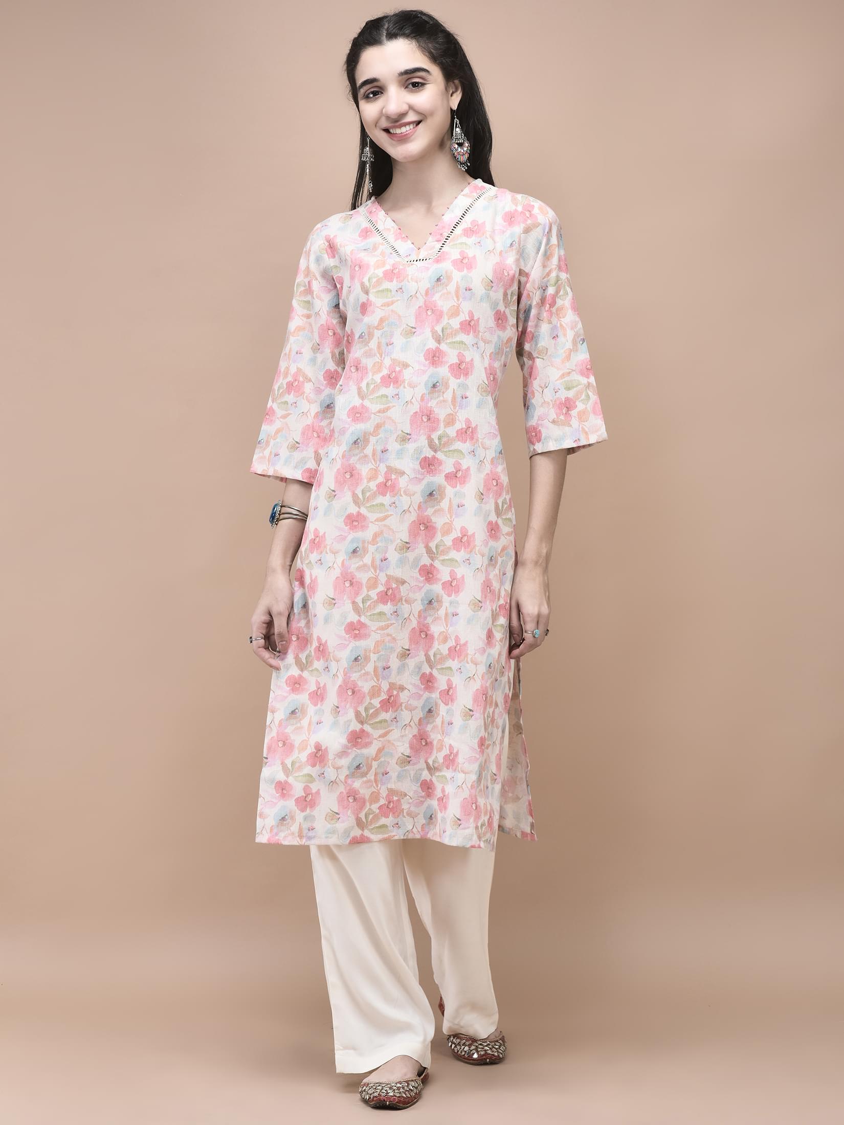Women Linen Peach Multi color Floral Print Kurta Comfort Pant Dupatta.