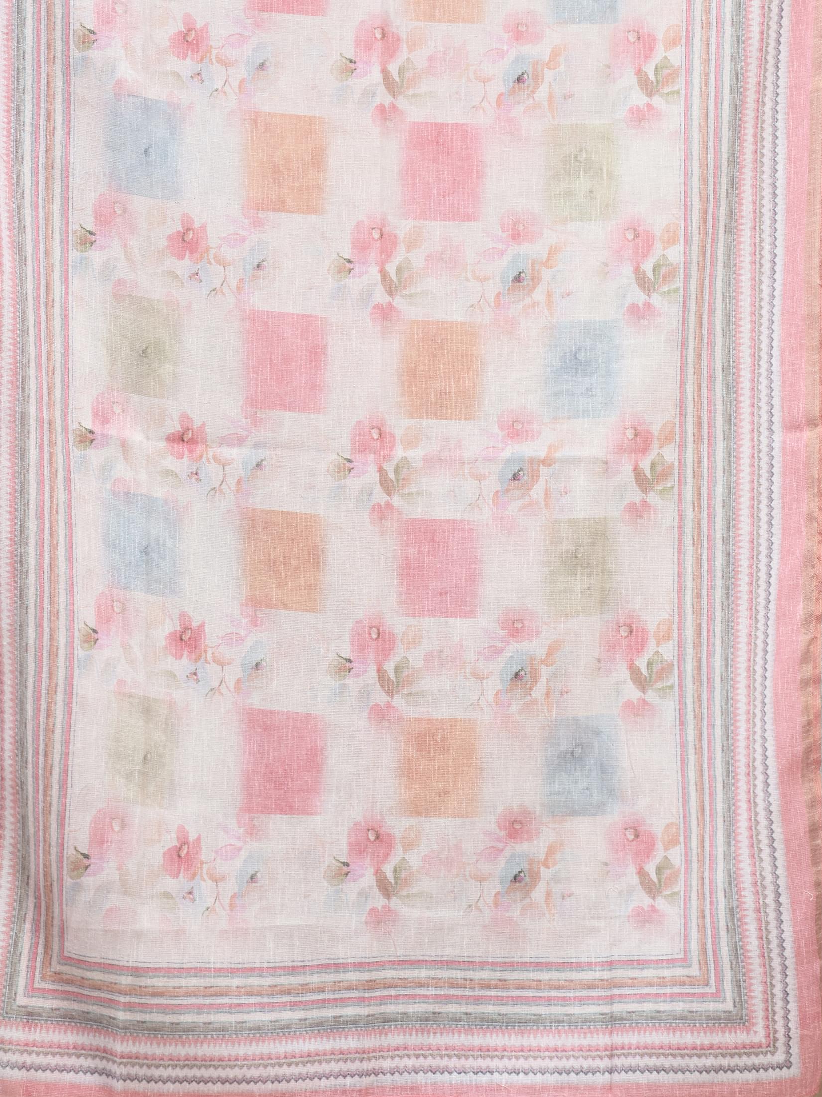 Women Linen Peach Multi color Floral Print Kurta Comfort Pant Dupatta.