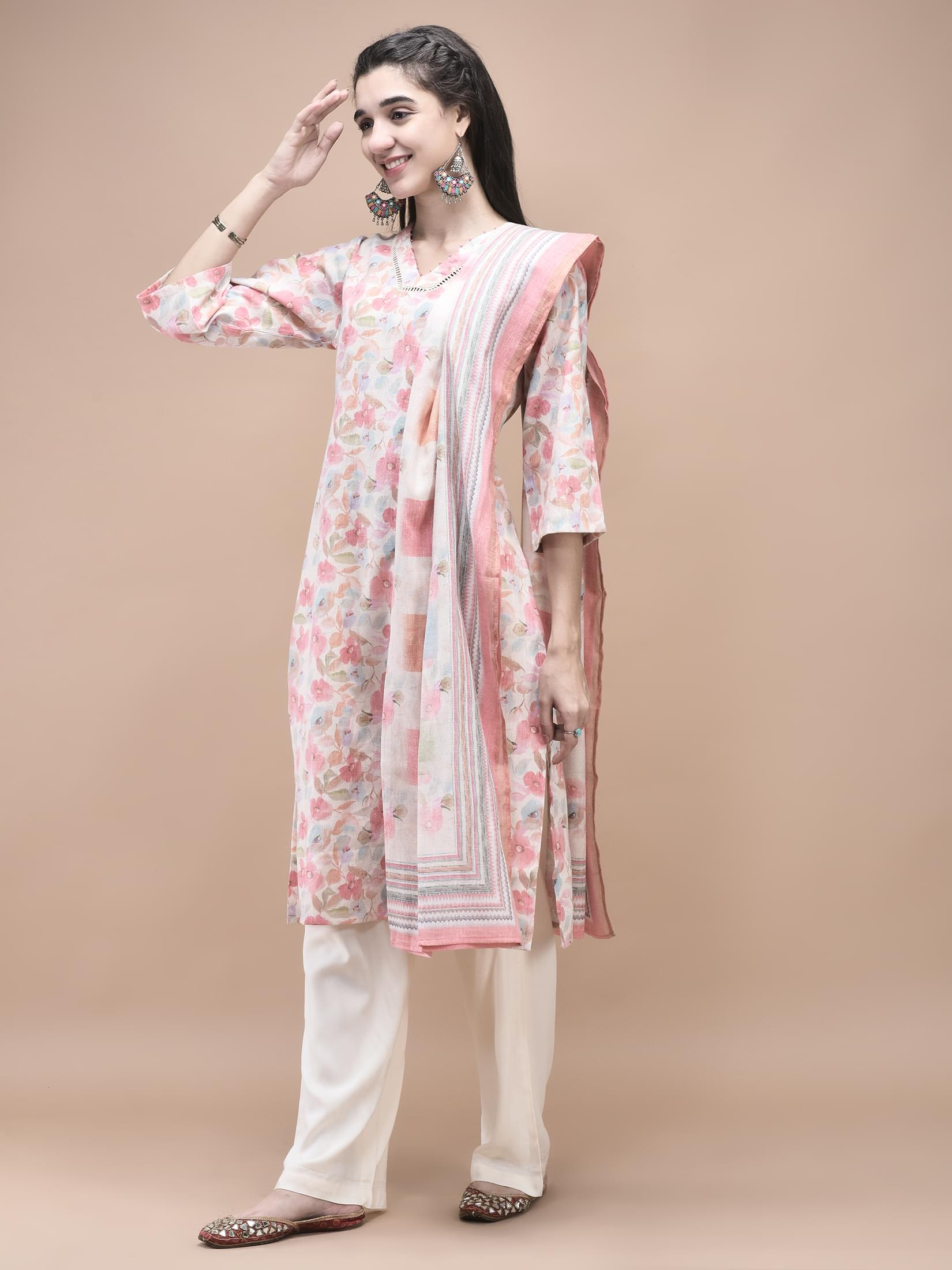 Women Linen Peach Multi color Floral Print Kurta Comfort Pant Dupatta.