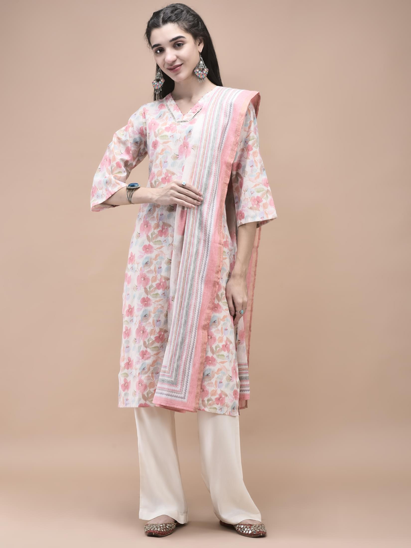 Women Linen Peach Multi color Floral Print Kurta Comfort Pant Dupatta.
