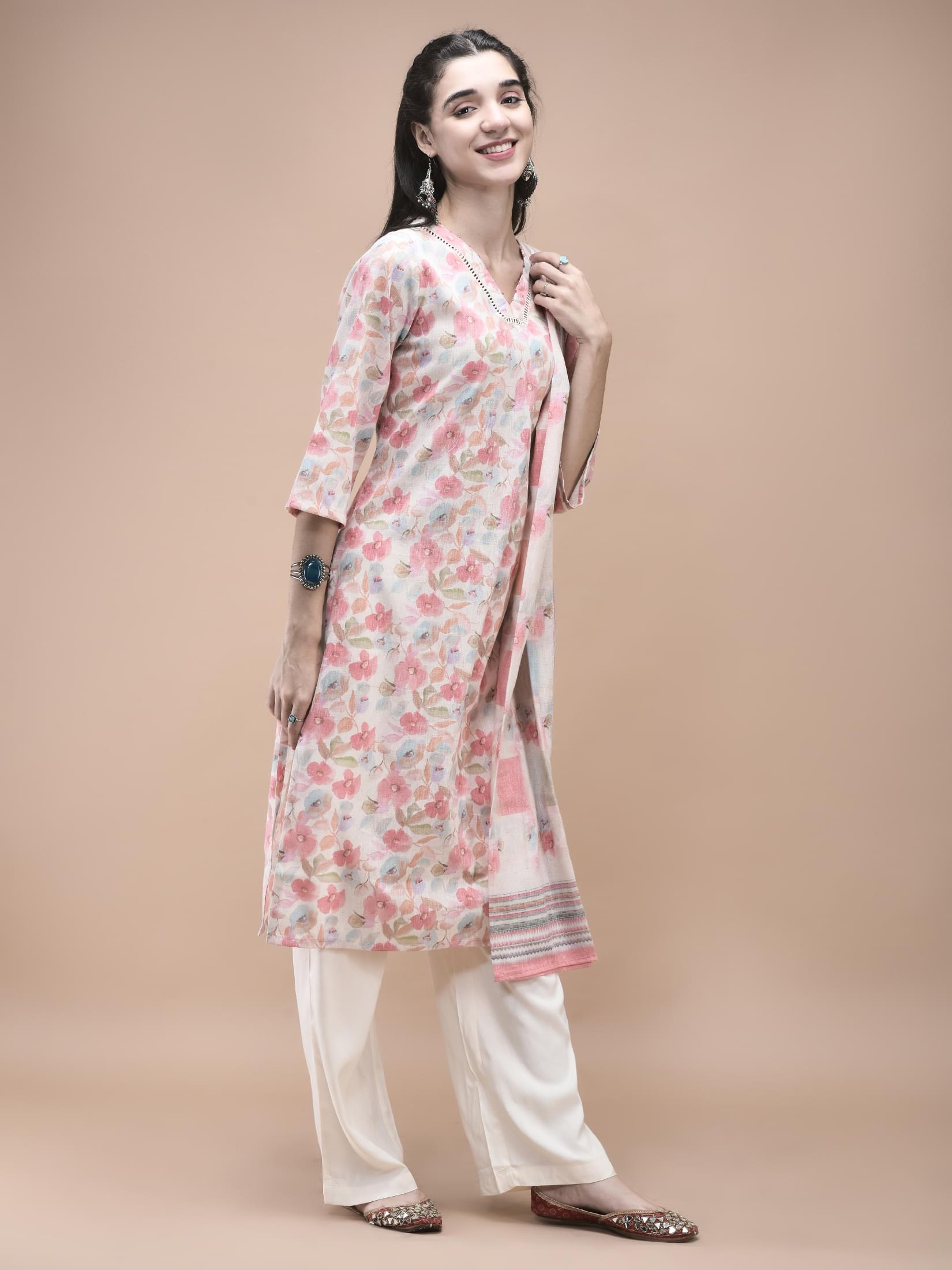 Women Linen Peach Multi color Floral Print Kurta Comfort Pant Dupatta.