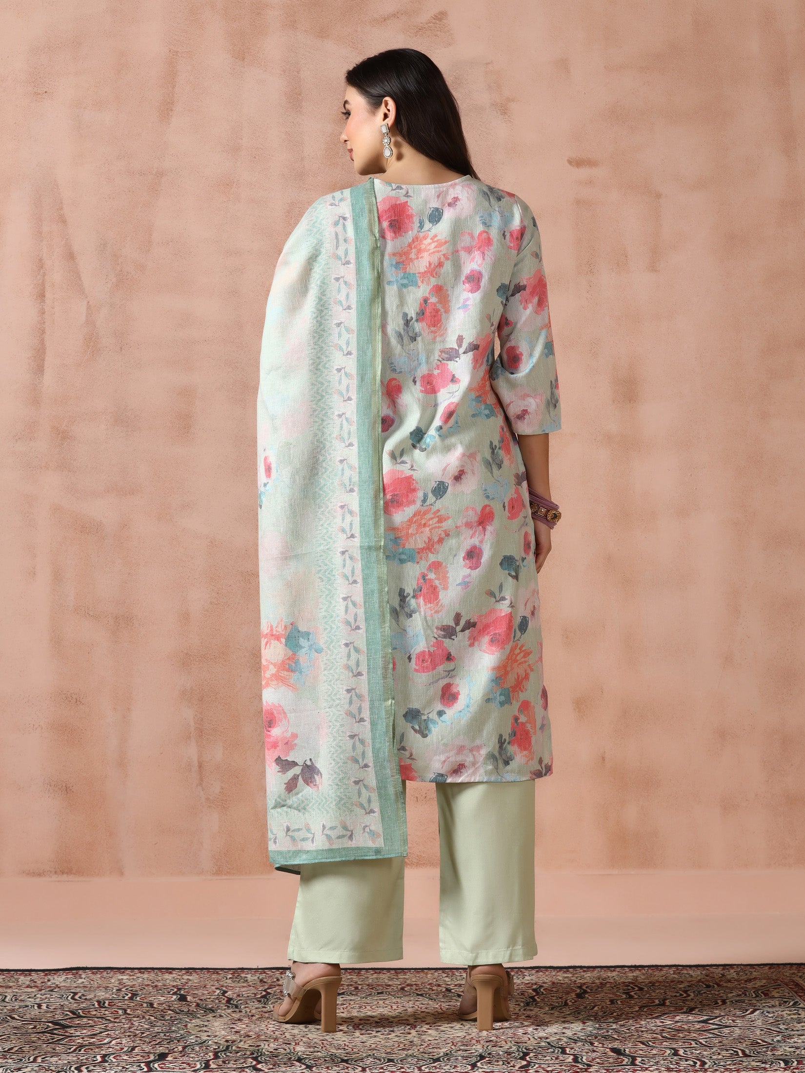 Women Linen Green Floral Print Kurta Comfort Pant Dupatta