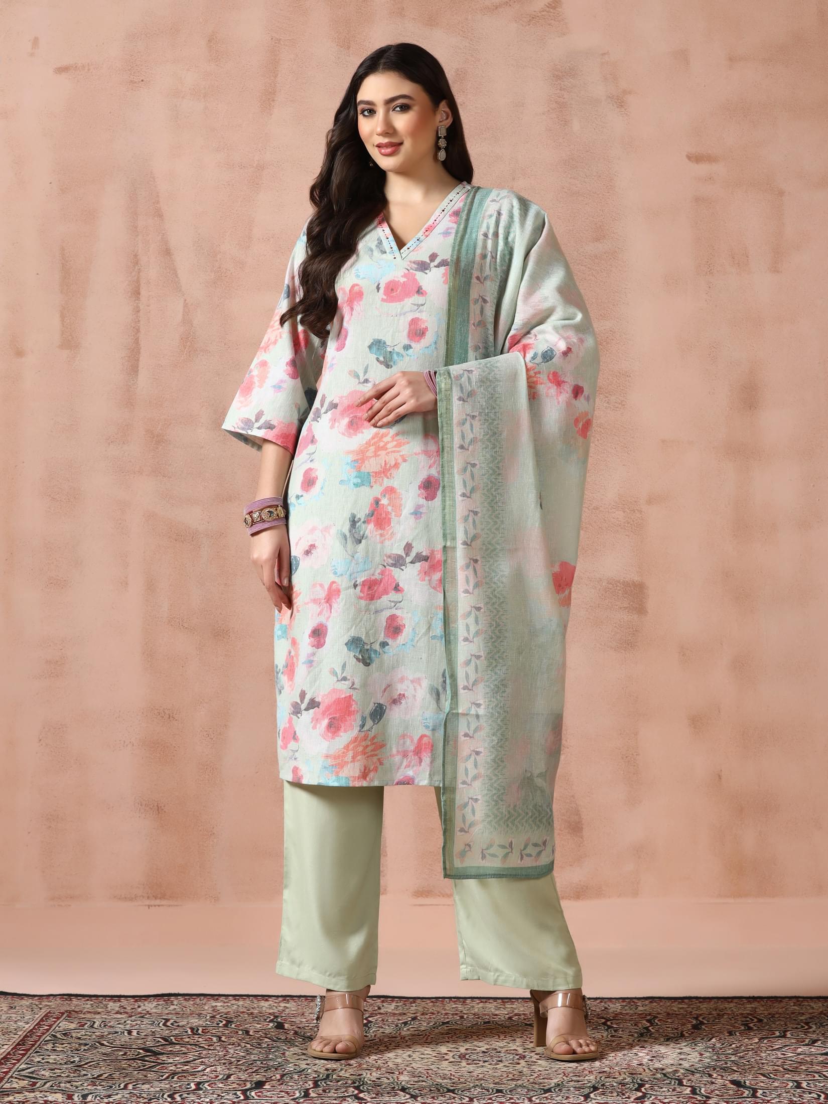 Sage green botanical floral print linen lightweight breathable dupatta suit set