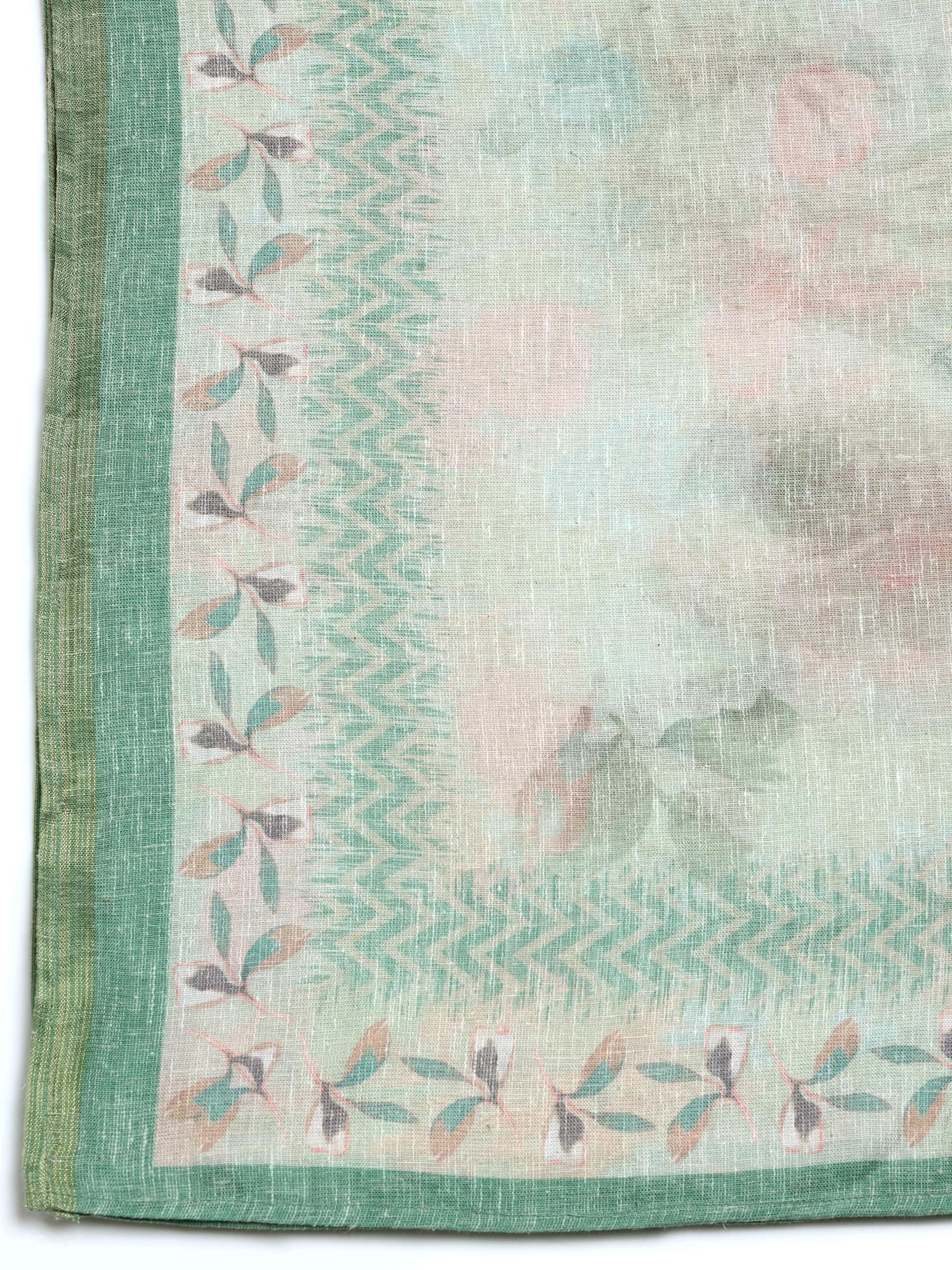Women Linen Green Floral Print Kurta Comfort Pant Dupatta.