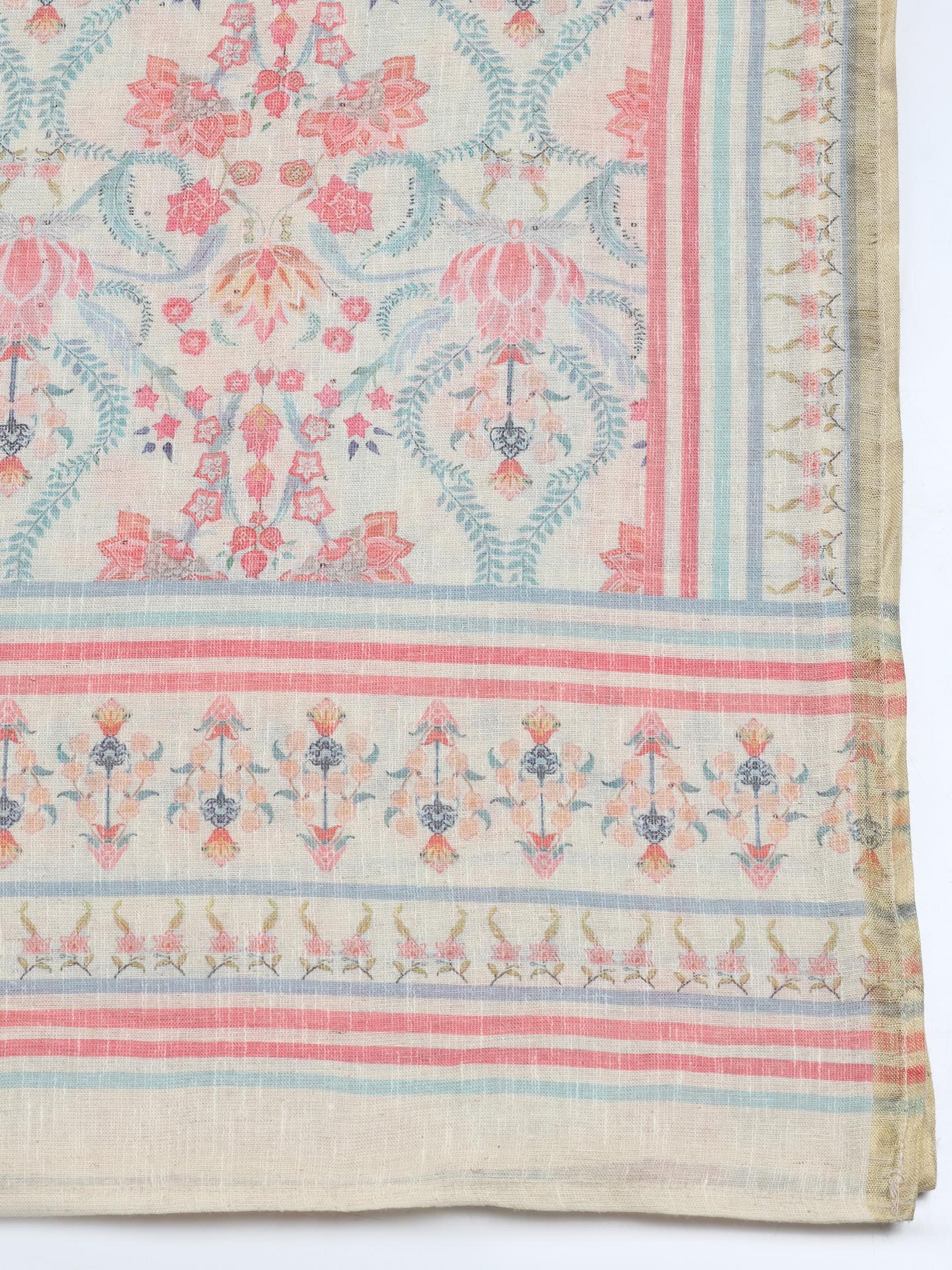 Women Linen Multicolor Floral Print Kurta Comfort Pant Dupatta.