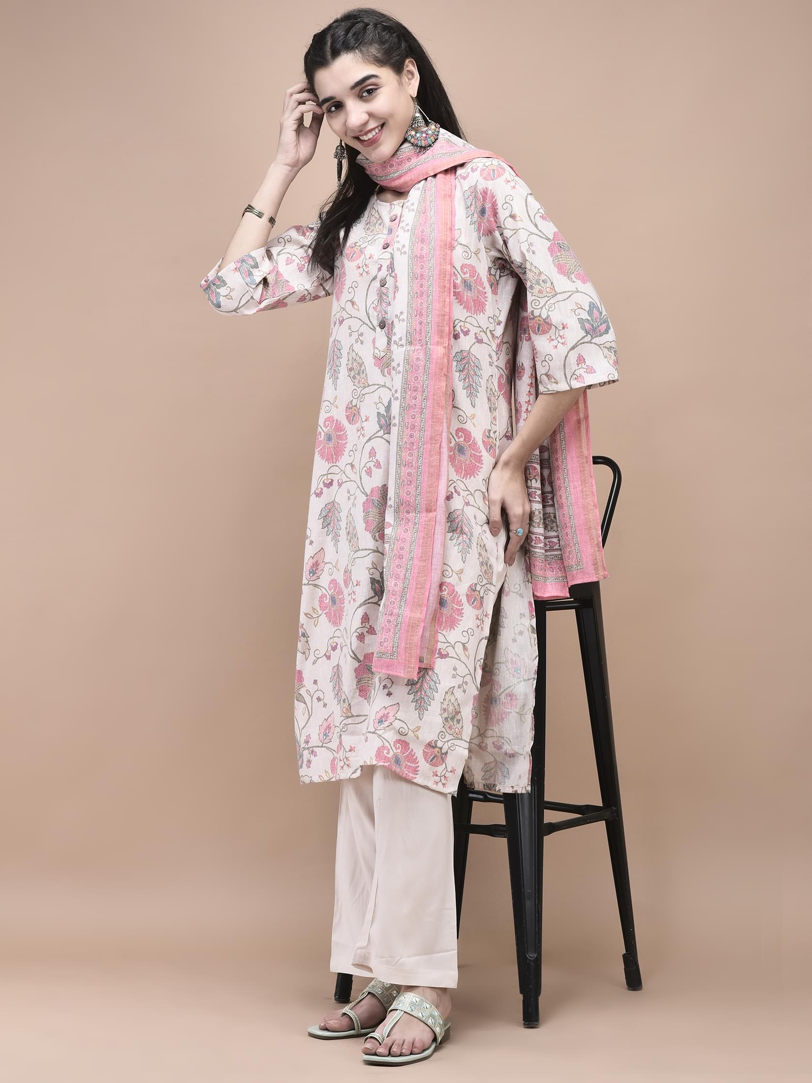 Multicolor heritage Calico print pure linen luxury breathable dupatta suit set