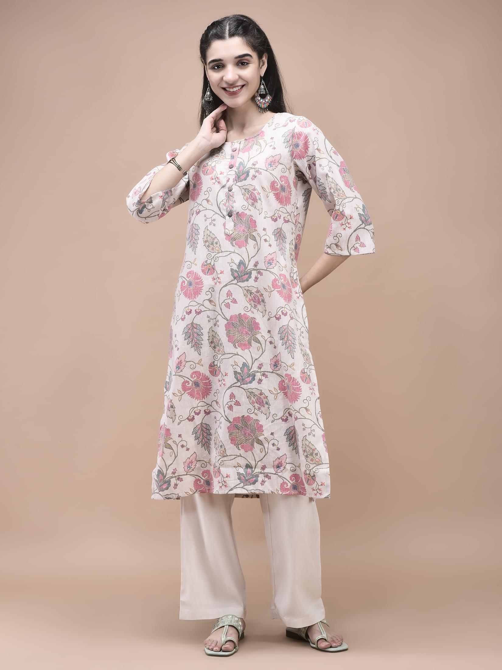 Women Linen Multicolor Calico Print Kurta Comfort Pant Dupatta.