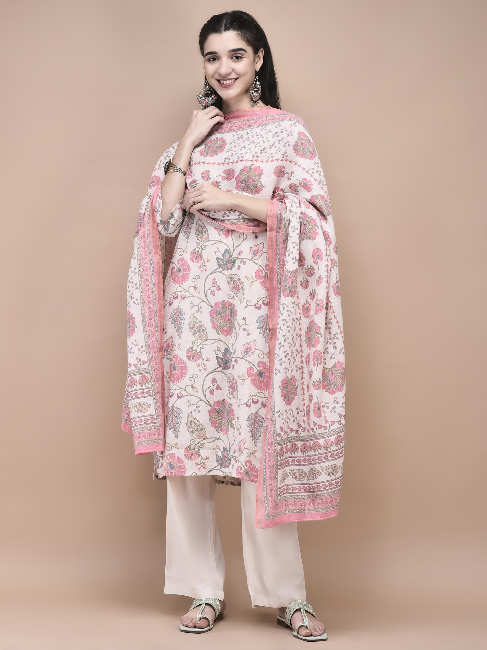 Women Linen Multicolor Calico Print Kurta Comfort Pant Dupatta.