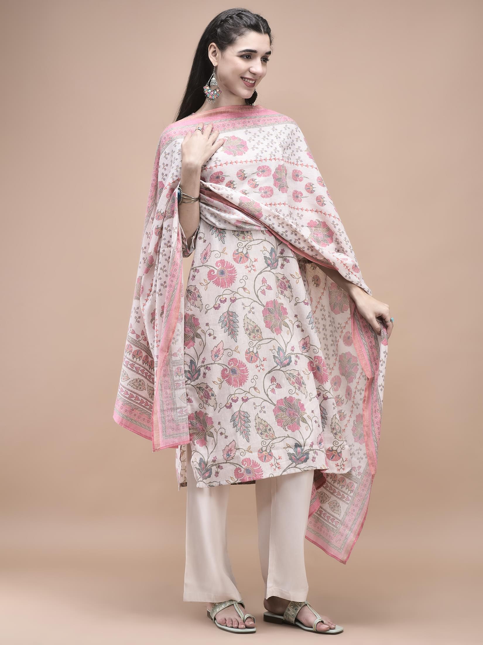 Women Linen Multicolor Calico Print Kurta Comfort Pant Dupatta.