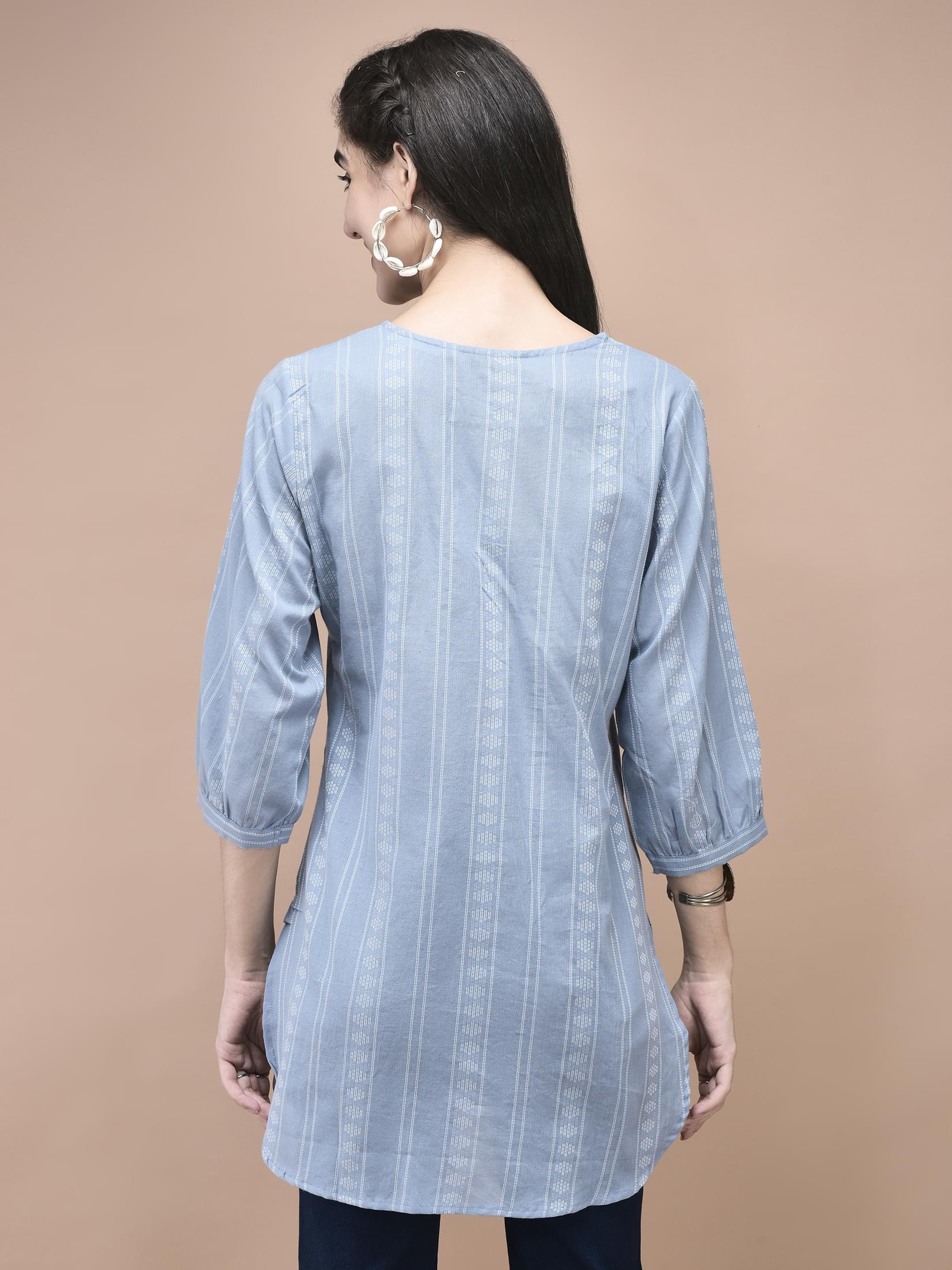 Women Cotton Blue Yarn Dyed Tunic.