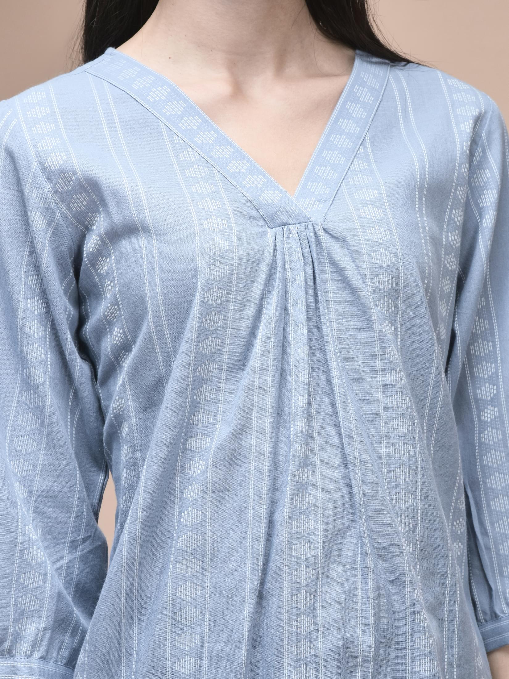 Women Cotton Blue Yarn Dyed Tunic.