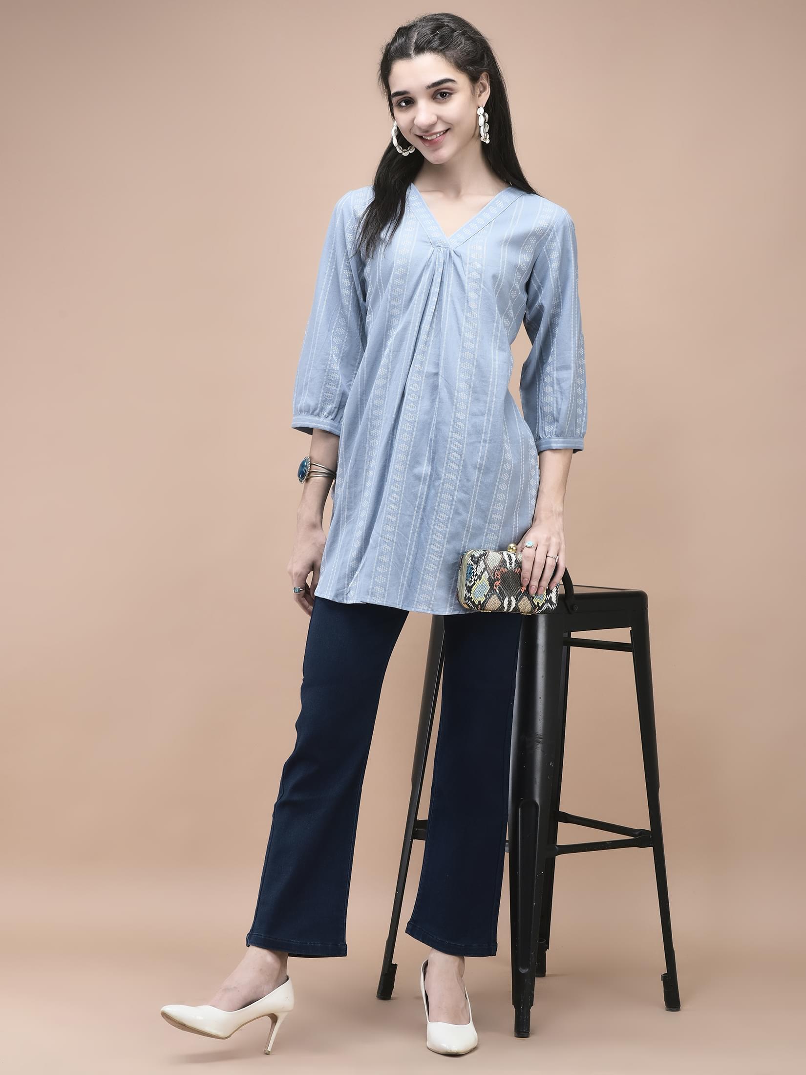 Women Cotton Blue Yarn Dyed Tunic.