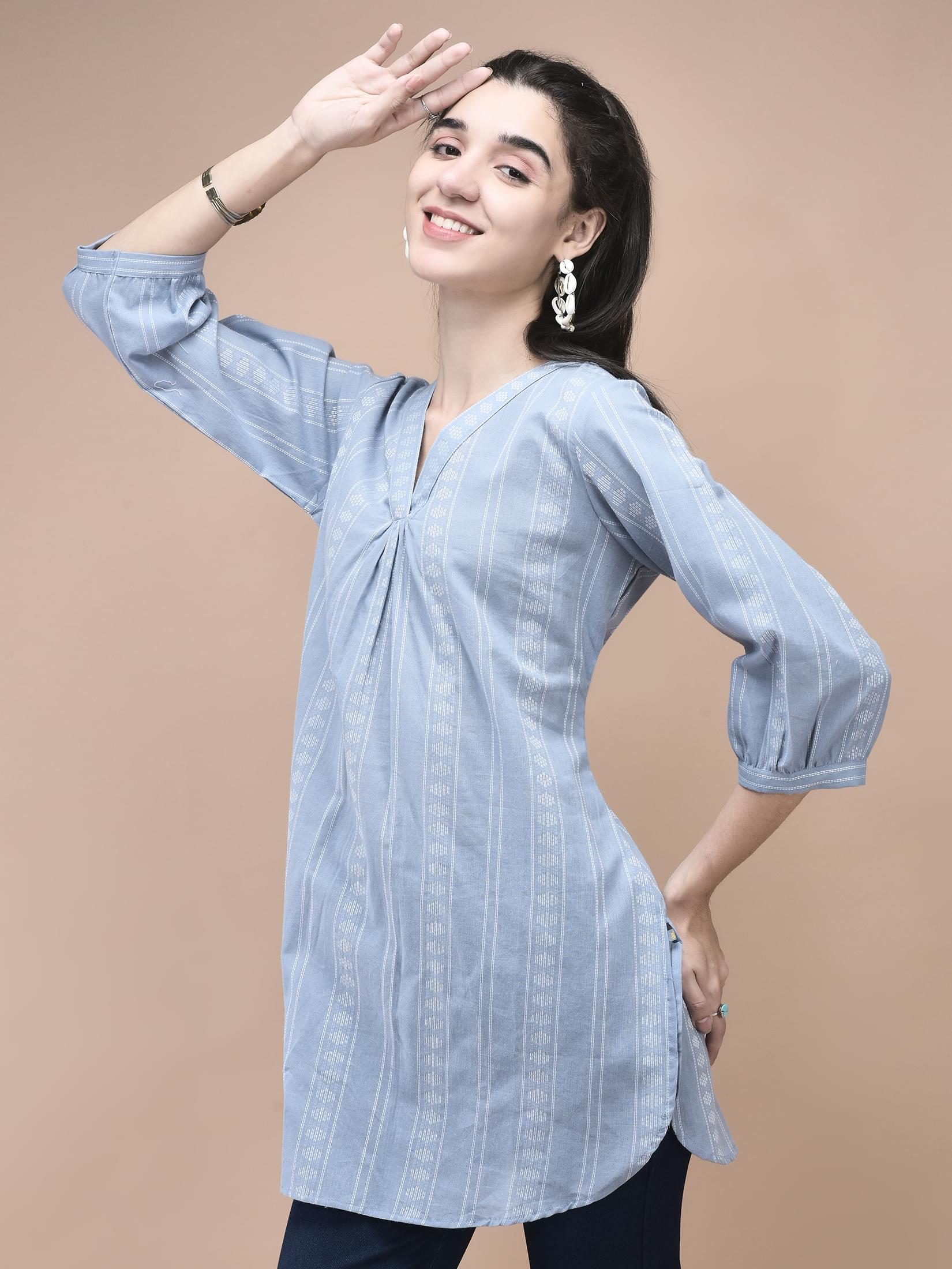 Women Cotton Blue Yarn Dyed Tunic.