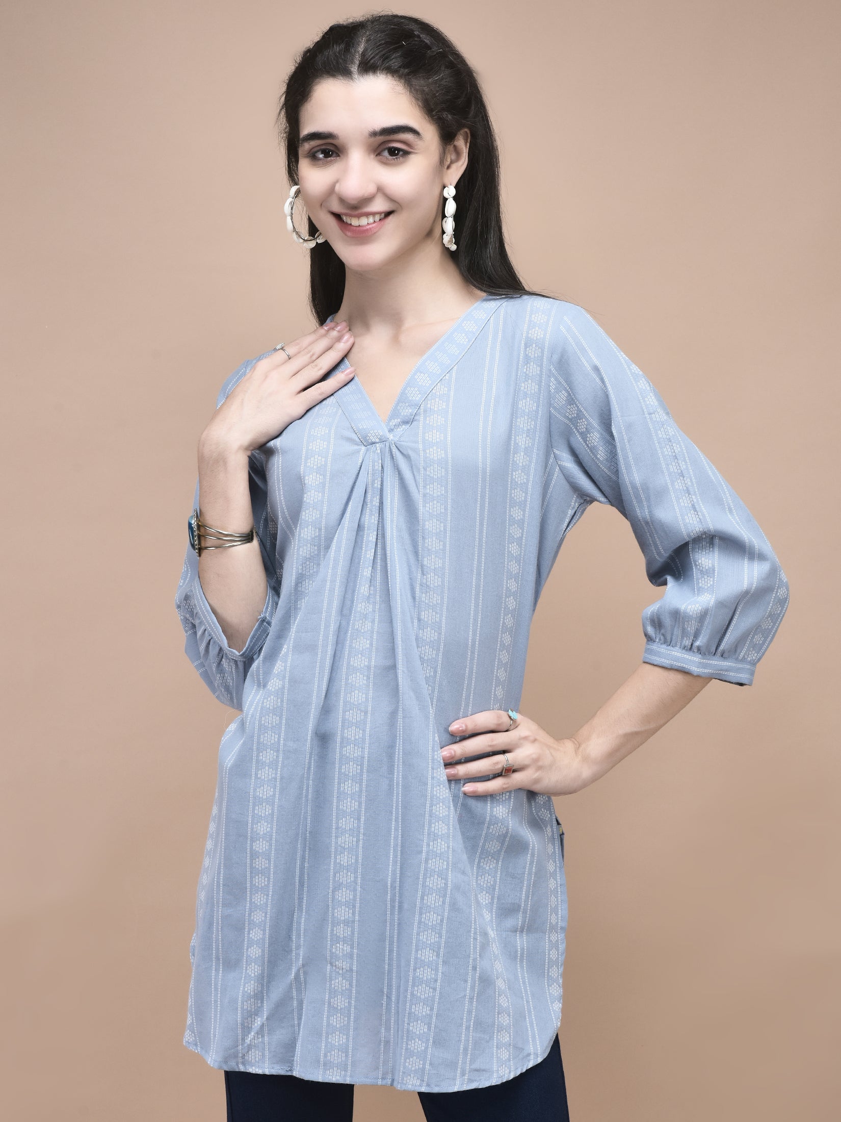 Classic blue yarn dyed textured cotton lightweight summer casual tunic