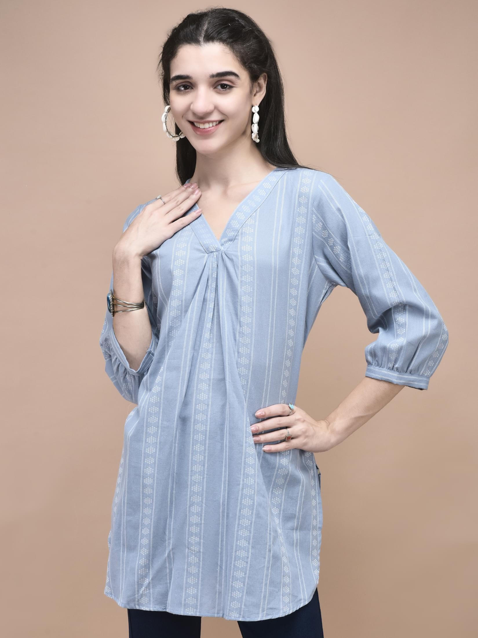 Women Cotton Blue Yarn Dyed Tunic.