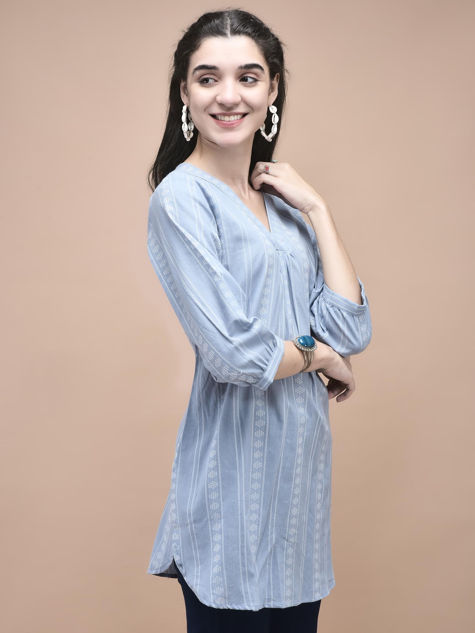 Women Cotton Blue Yarn Dyed Tunic.