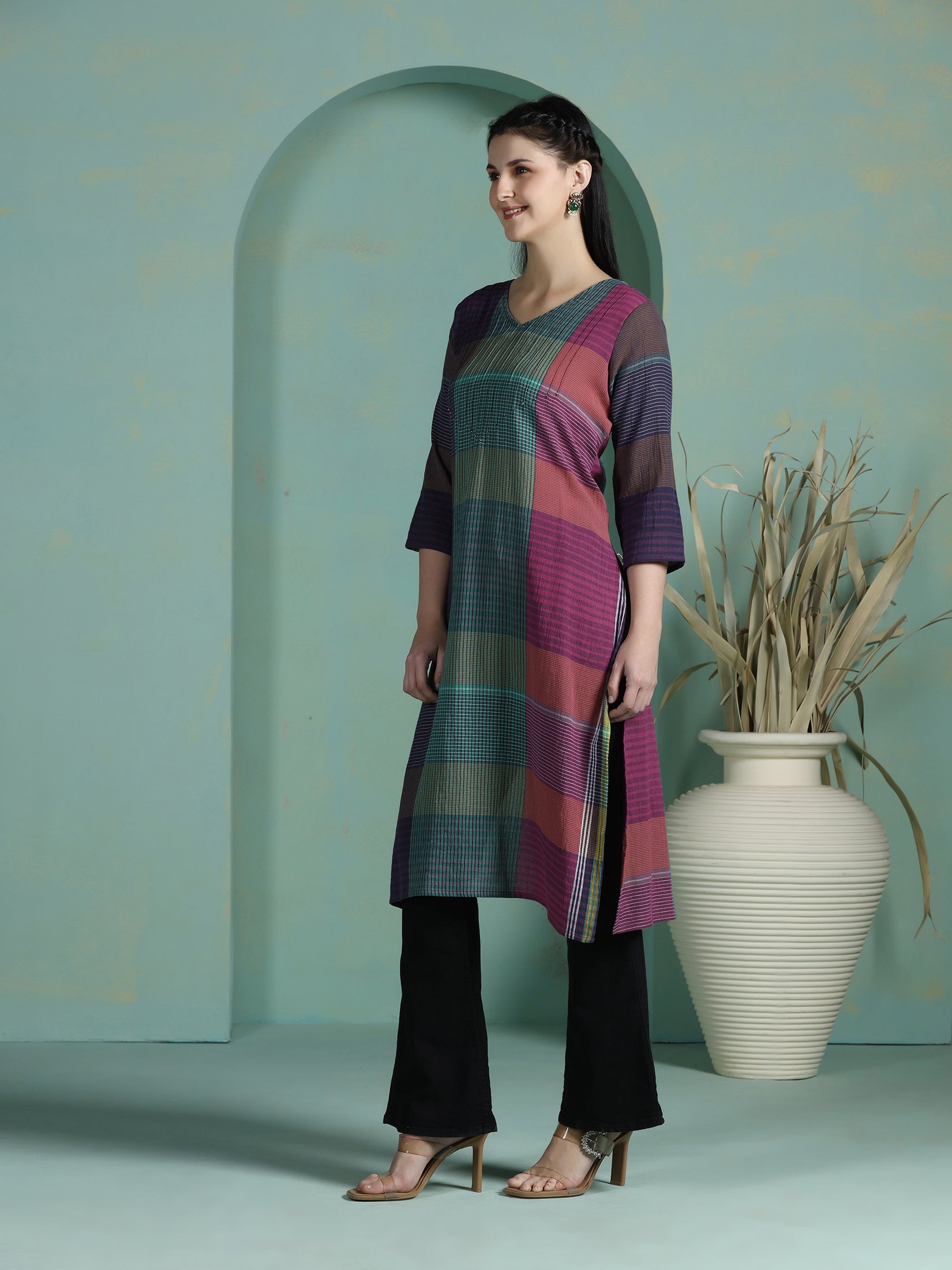 Women Cotton Multicolor Yarn Dyed Kurta