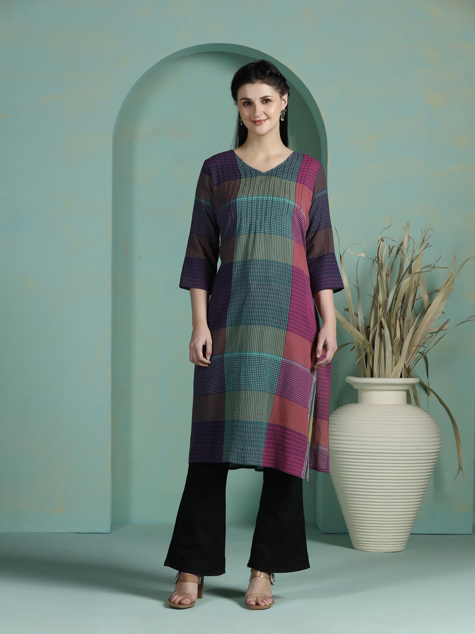 Women Cotton Multicolor Yarn Dyed Kurta.