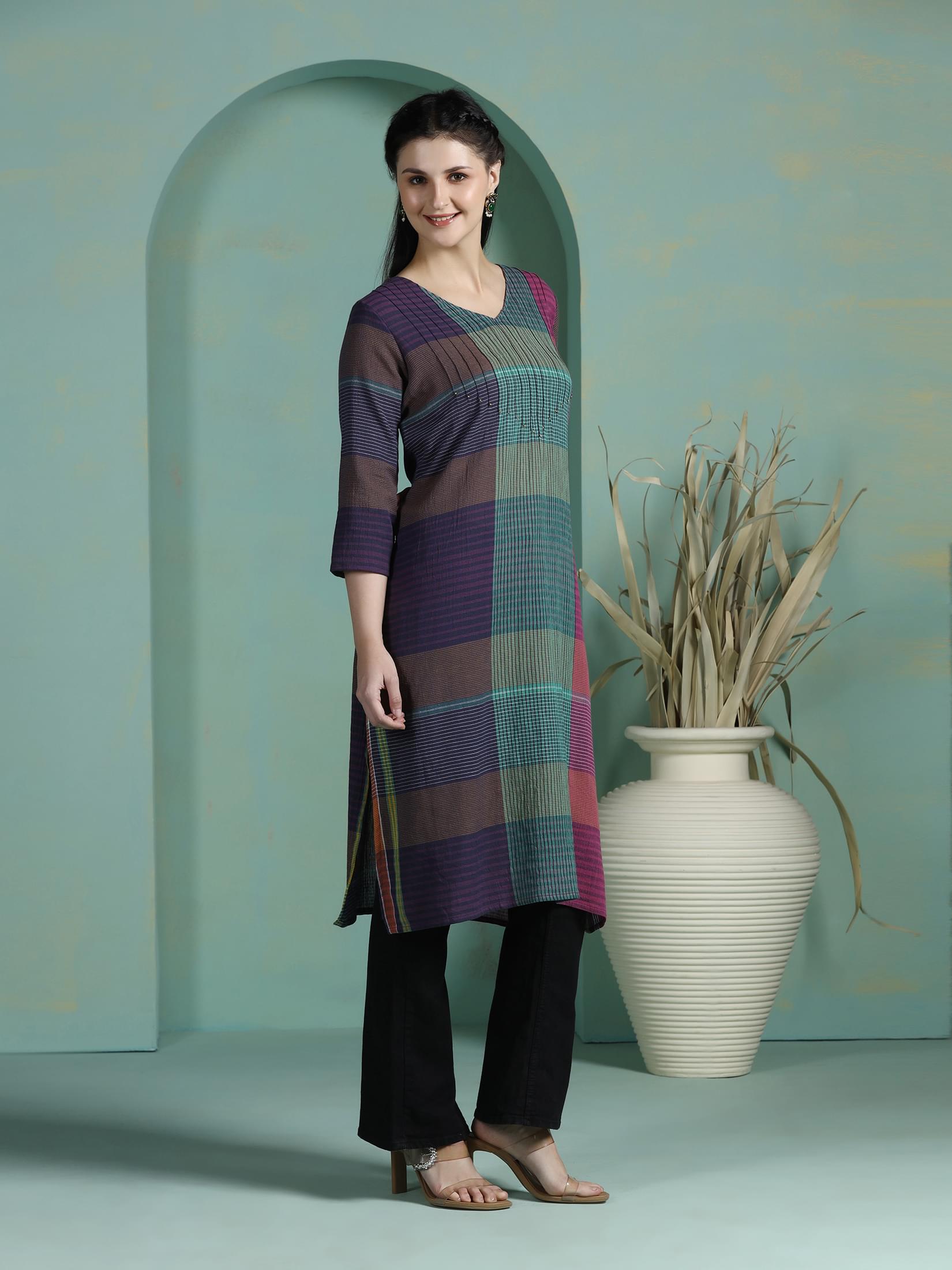 Women Cotton Multicolor Yarn Dyed Kurta.