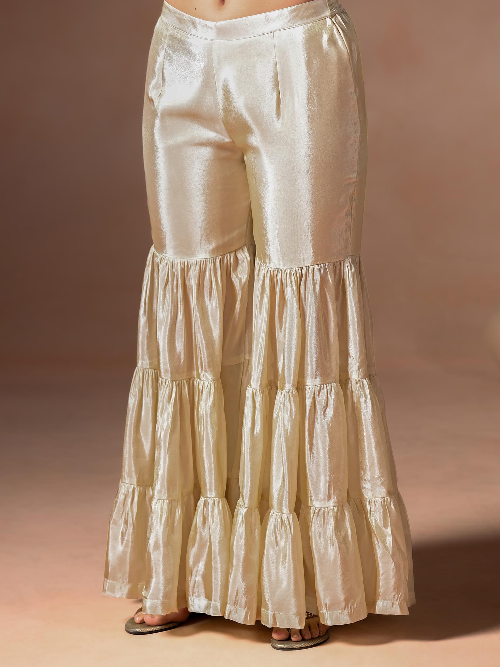 Women Viscose Beige Embroidered Kurta Sharara Dupatta.