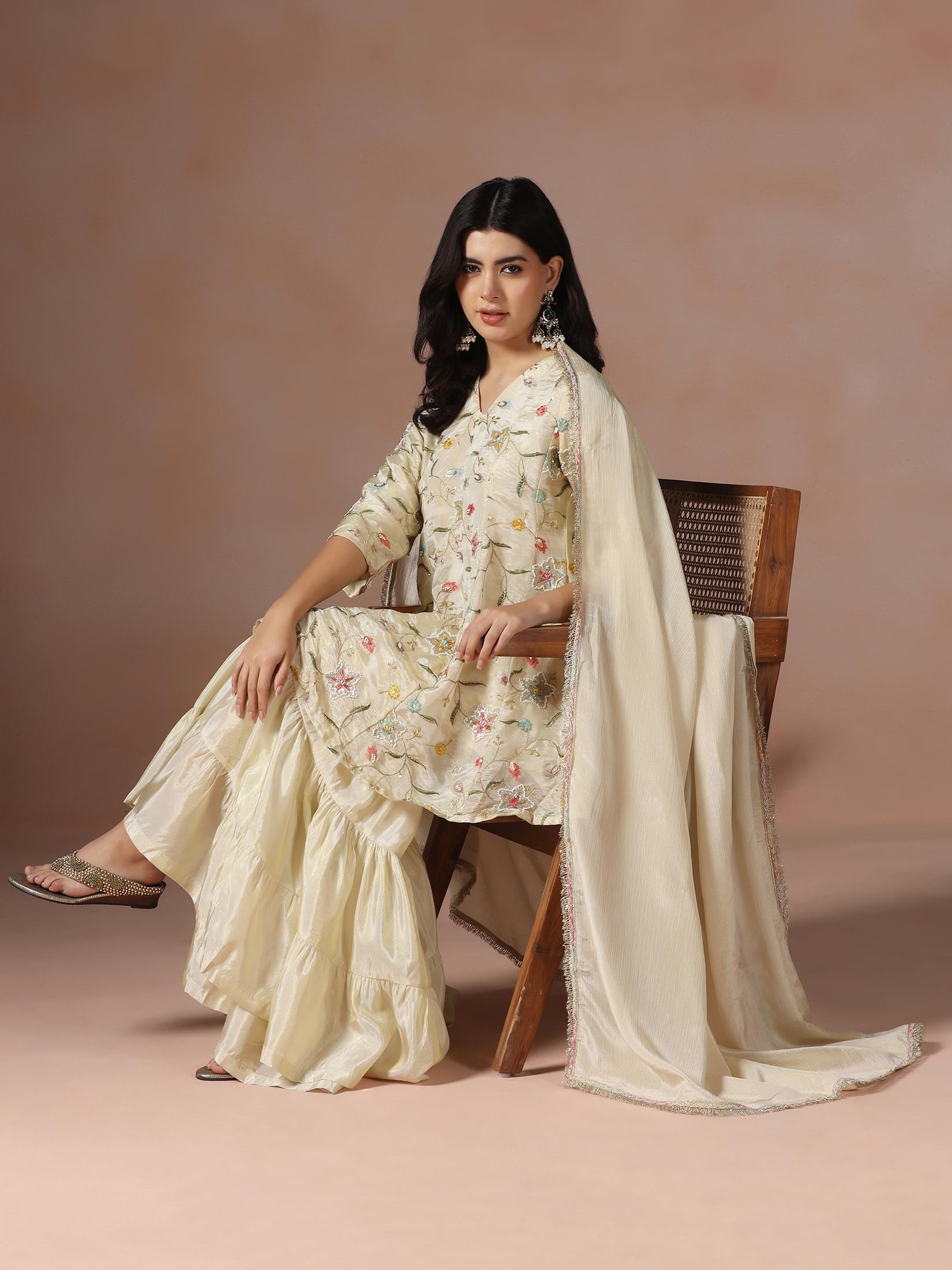 Classic beige embroidered viscose premium festive wear traditional sharara suit