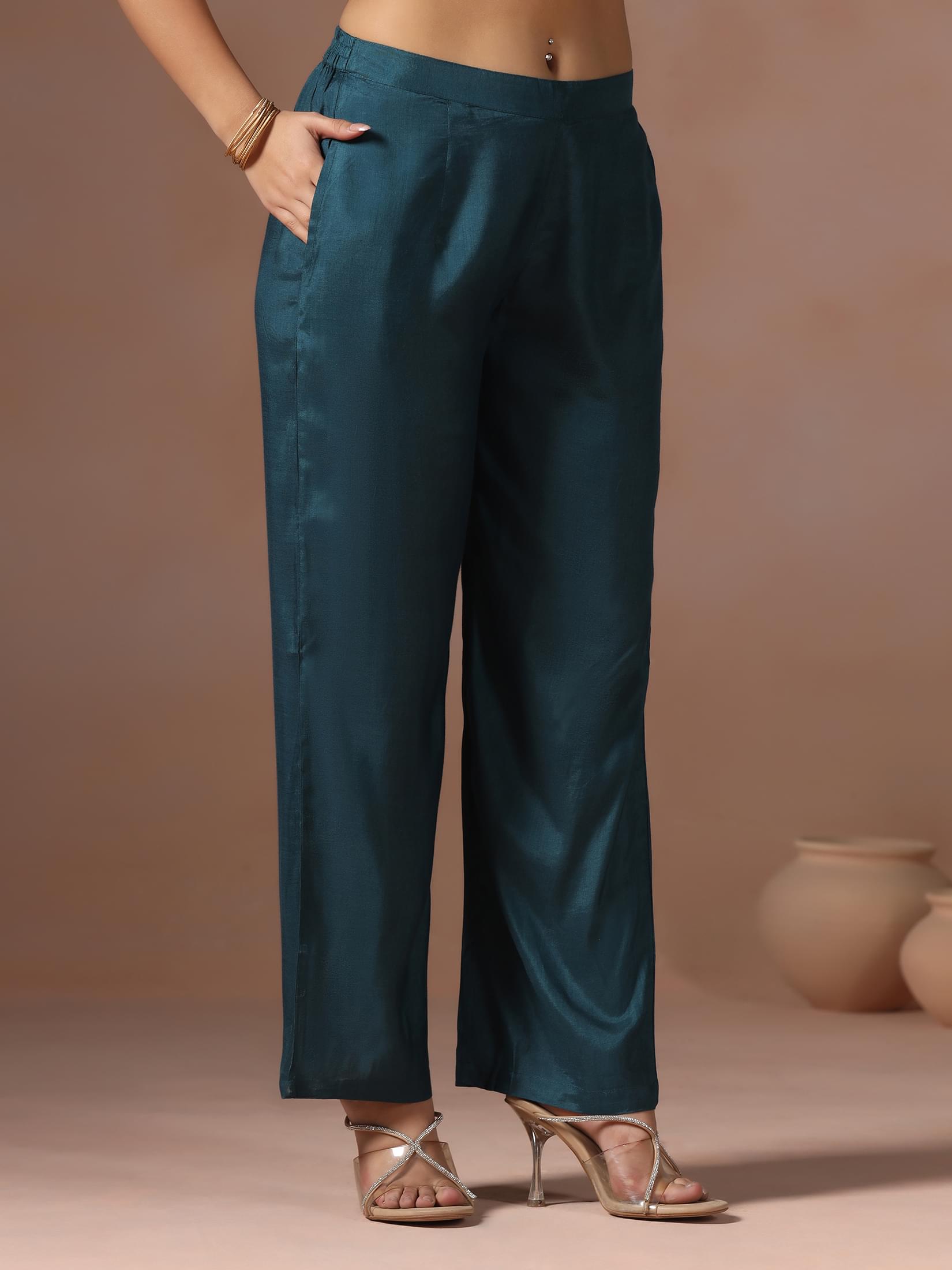 Women Dola Silk Teal Solid Kurta Comfort Pant With Jacquard Dupatta.