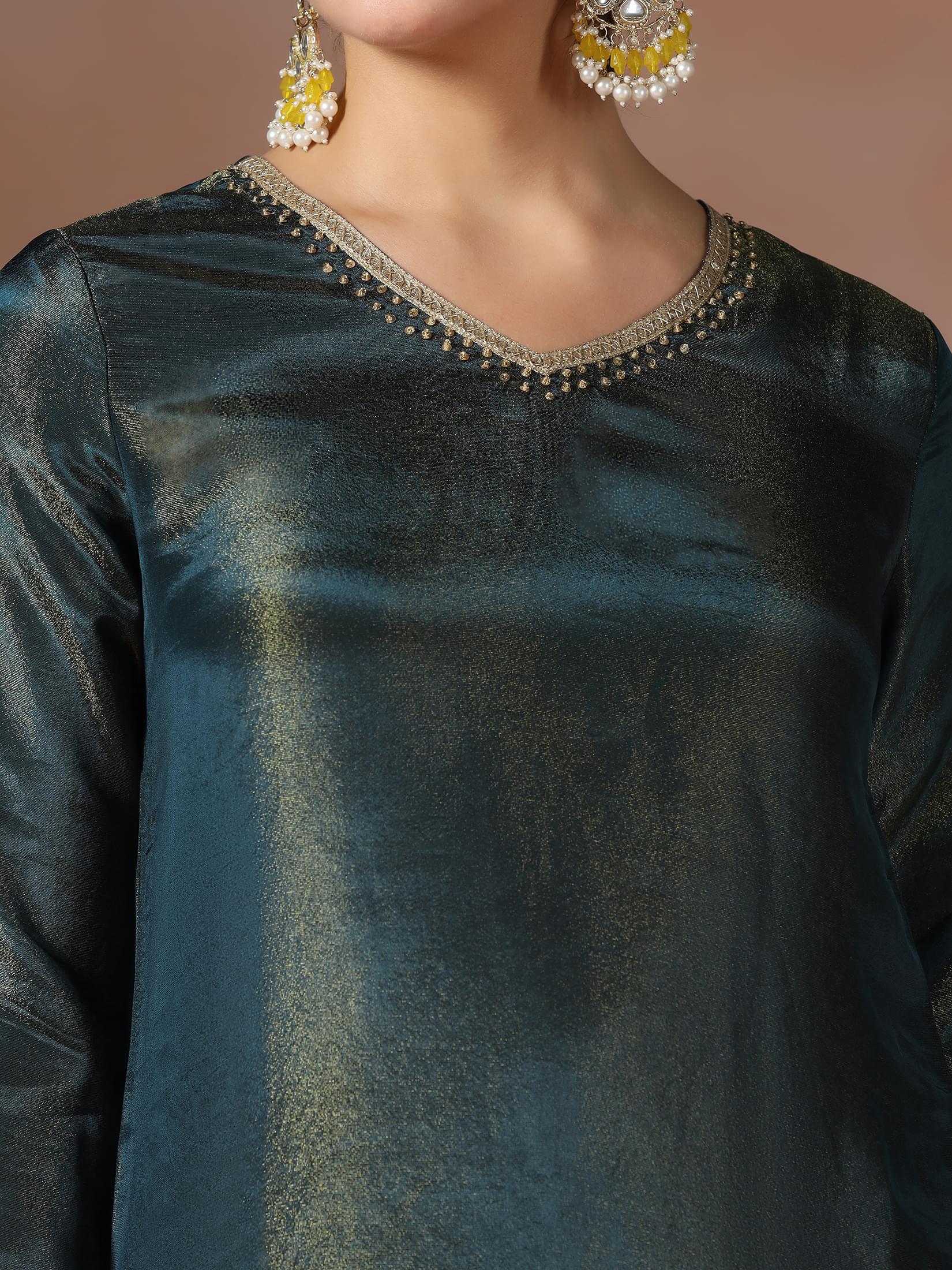 Women Dola Silk Teal Solid Kurta Comfort Pant With Jacquard Dupatta.