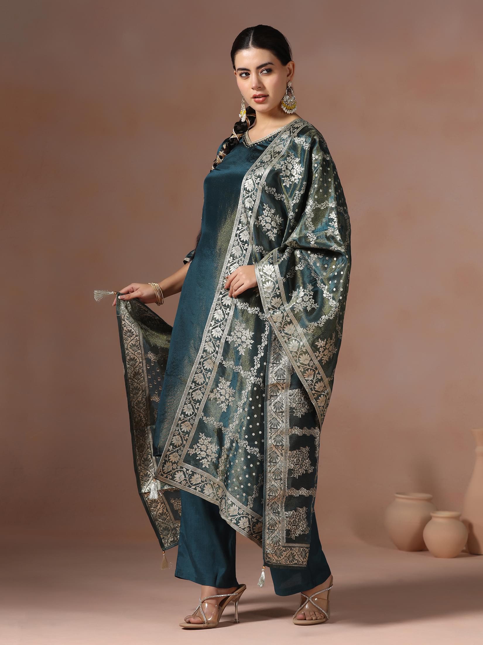 Women Dola Silk Teal Solid Kurta Comfort Pant With Jacquard Dupatta.