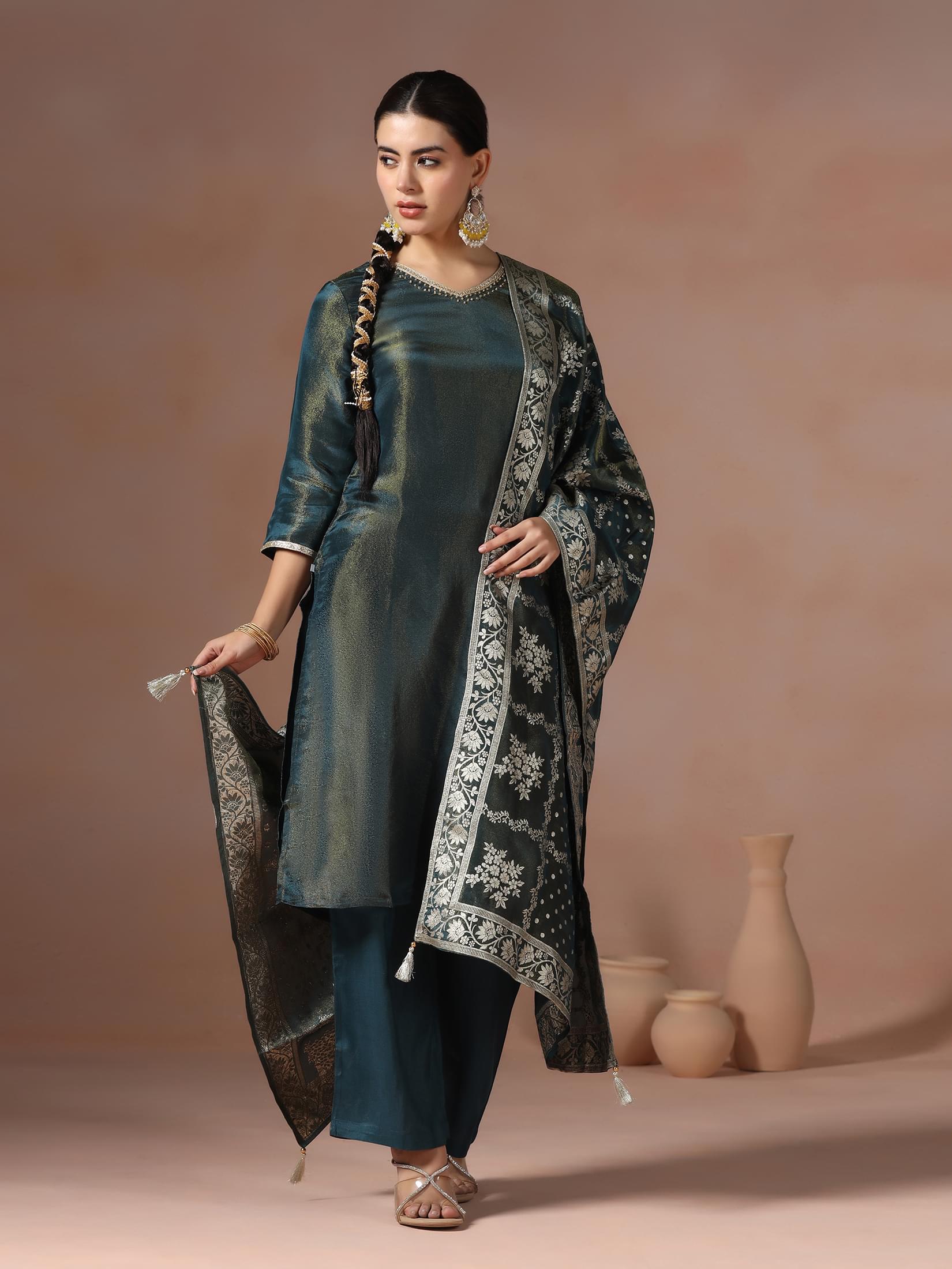 Teal blue solid Dola silk kurta layered with luxury woven jacquard dupatta