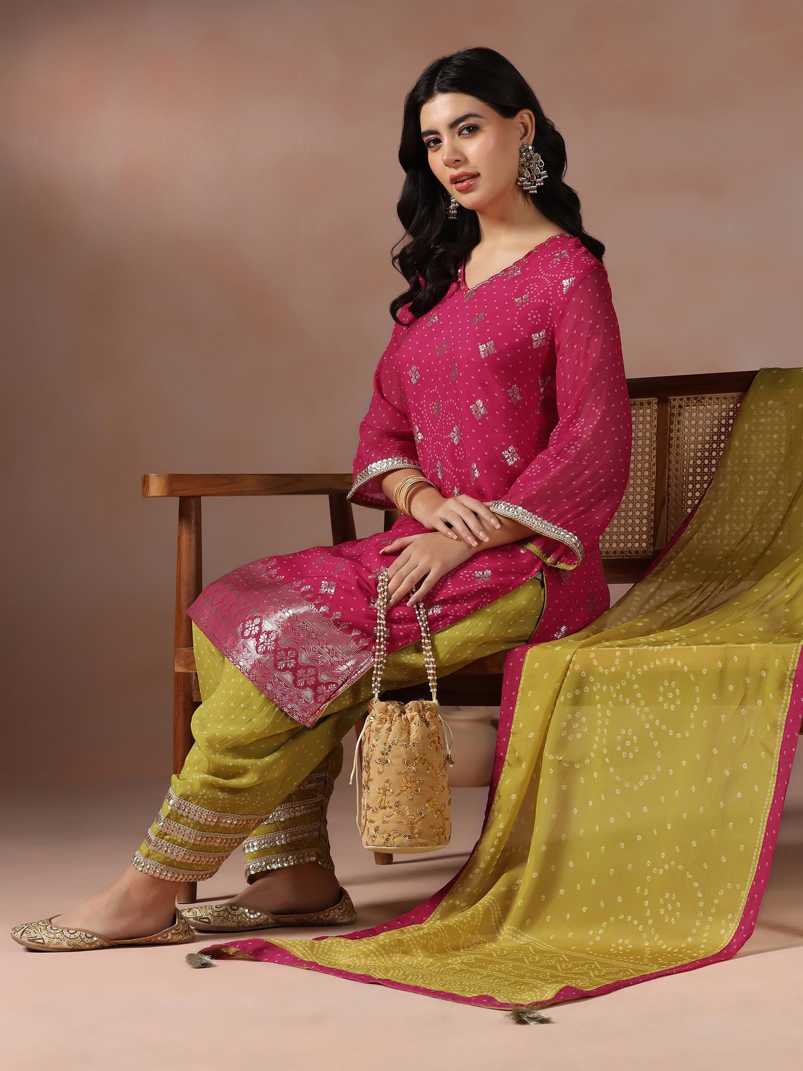 Pastel pink woven jacquard organza Bandhani print ethnic kurta salwar set