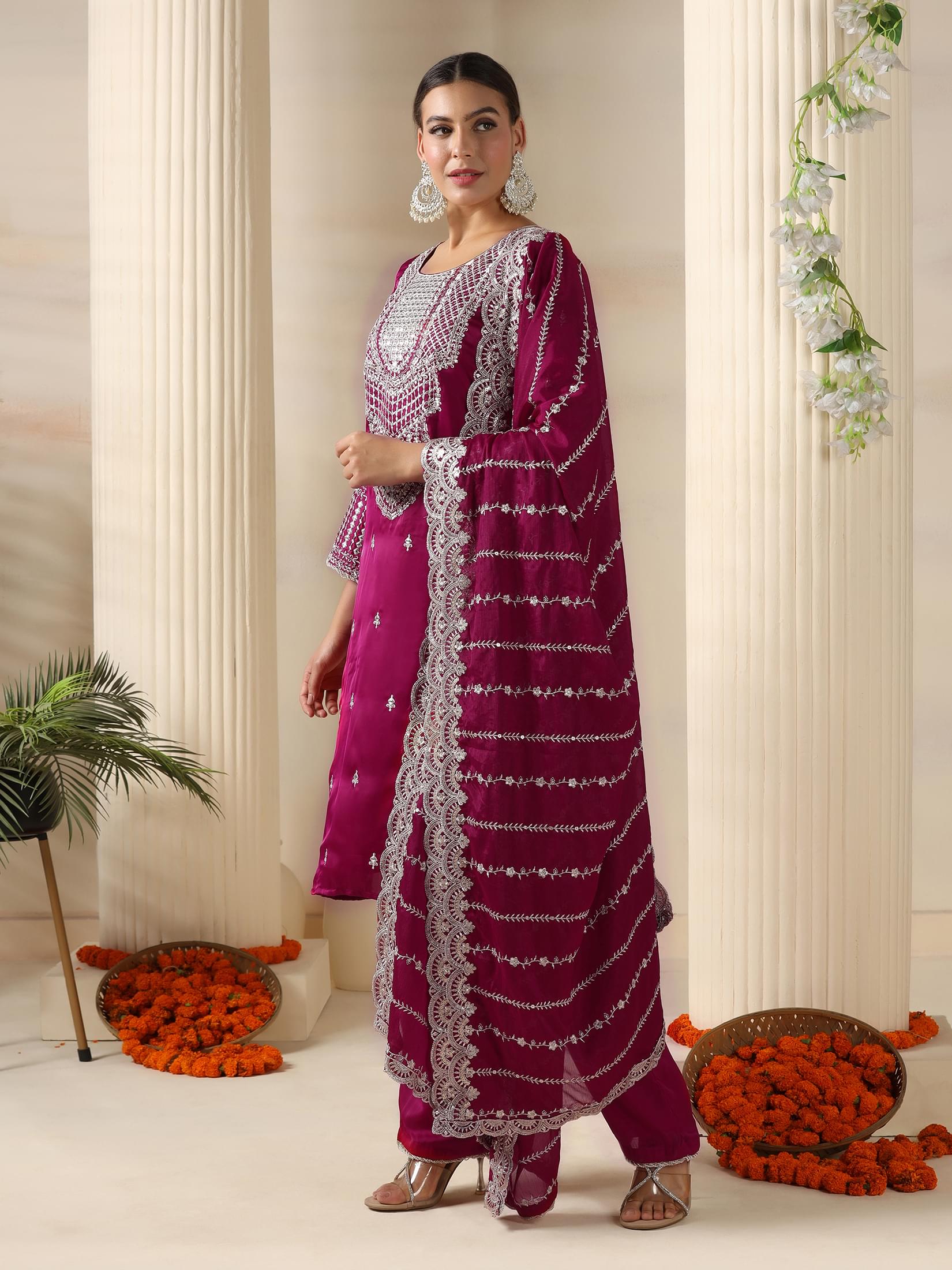Women Satin Burgundy Embroidered Kurta Comfort Pant Dupatta.