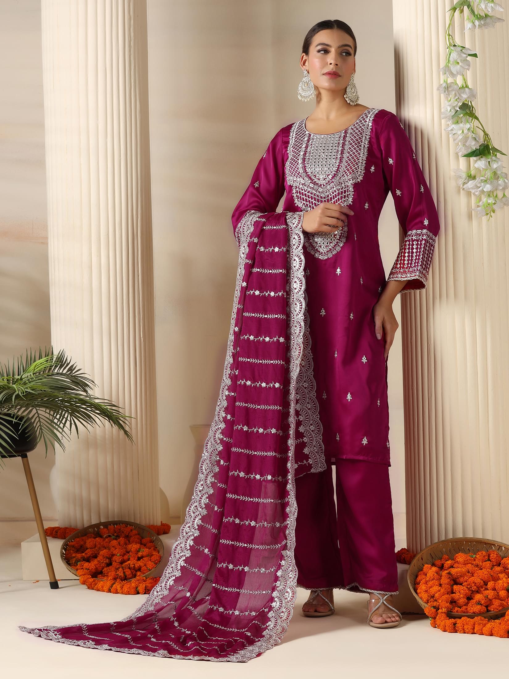 Deep burgundy embroidered satin silk high sheen premium evening wear suit