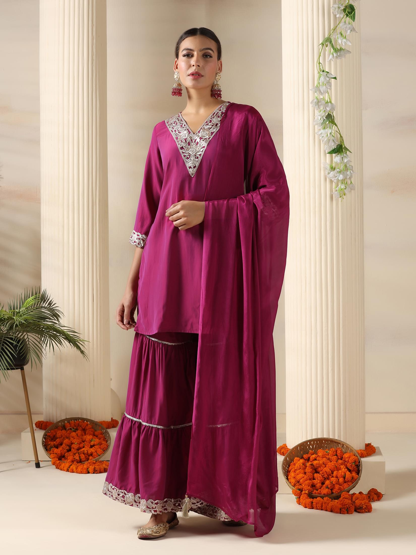 Pastel pink solid tone poly viscose festival look flared sharara suit set