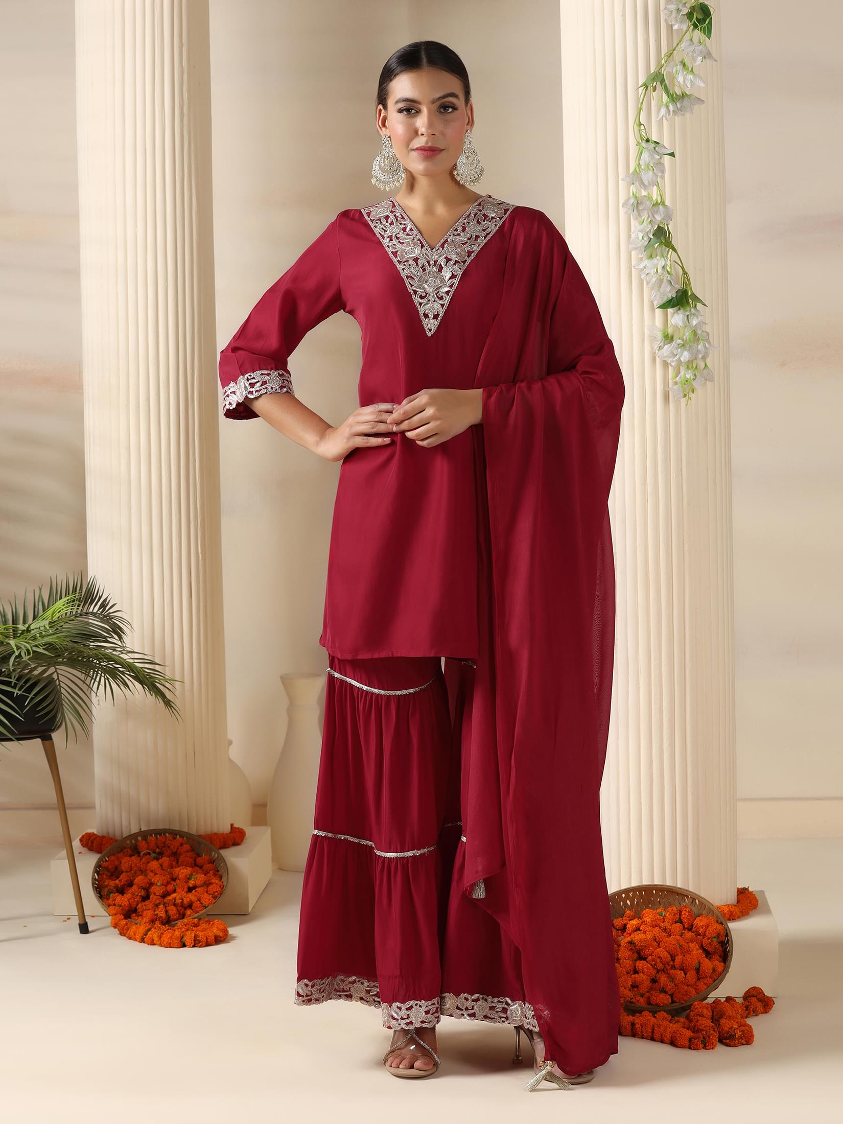 Classic red solid tone poly viscose party look premium sharara suit set