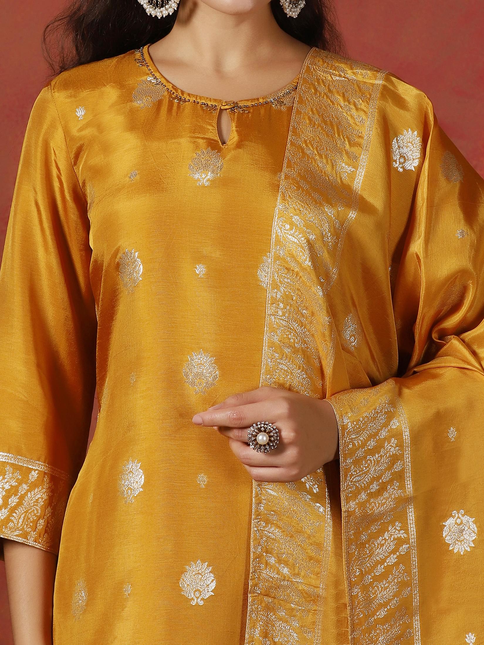 Women Dola Silk Jacquard Yellow Kurta Comfort Pant Dupatta.