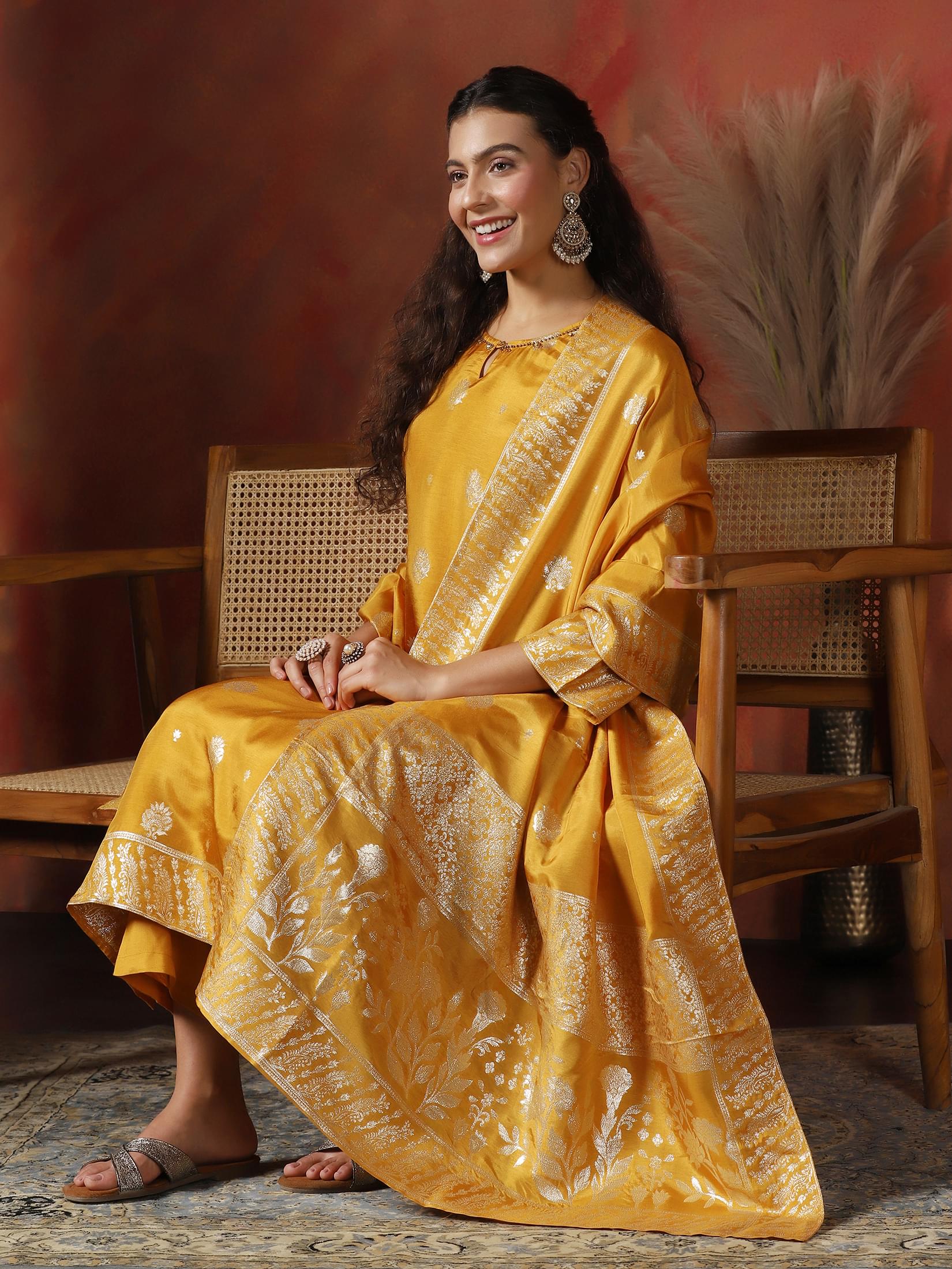 Bright yellow self woven jacquard Dola silk luxury ethnic wear suit set