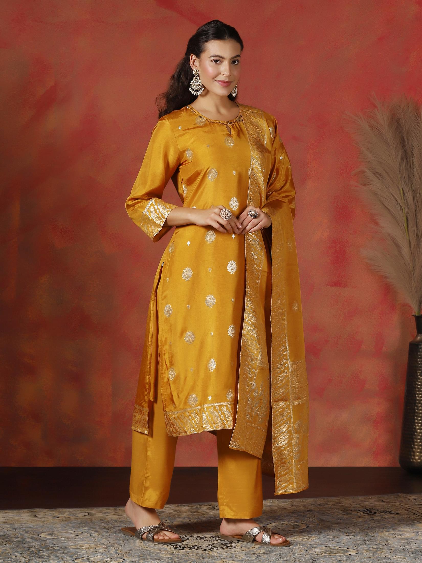 Women Dola Silk Jacquard Yellow Kurta Comfort Pant Dupatta.