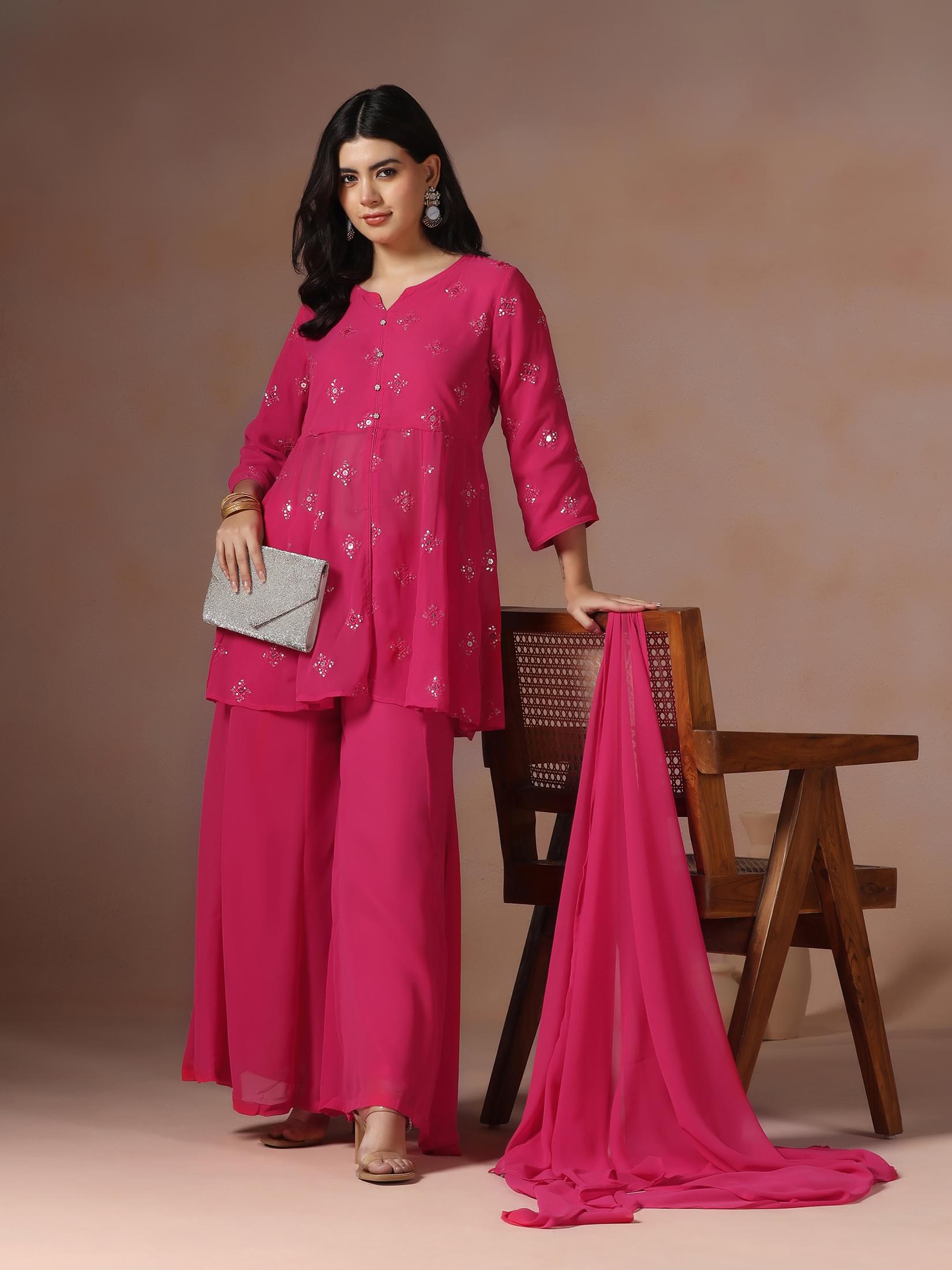 Pastel pink solid georgette festival style traditional sharara suit set