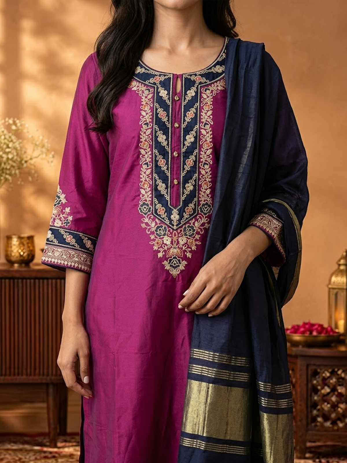 Women Pink And Peacock Blue Solid With Embroidery Kurta Comfort Pant Dupatta