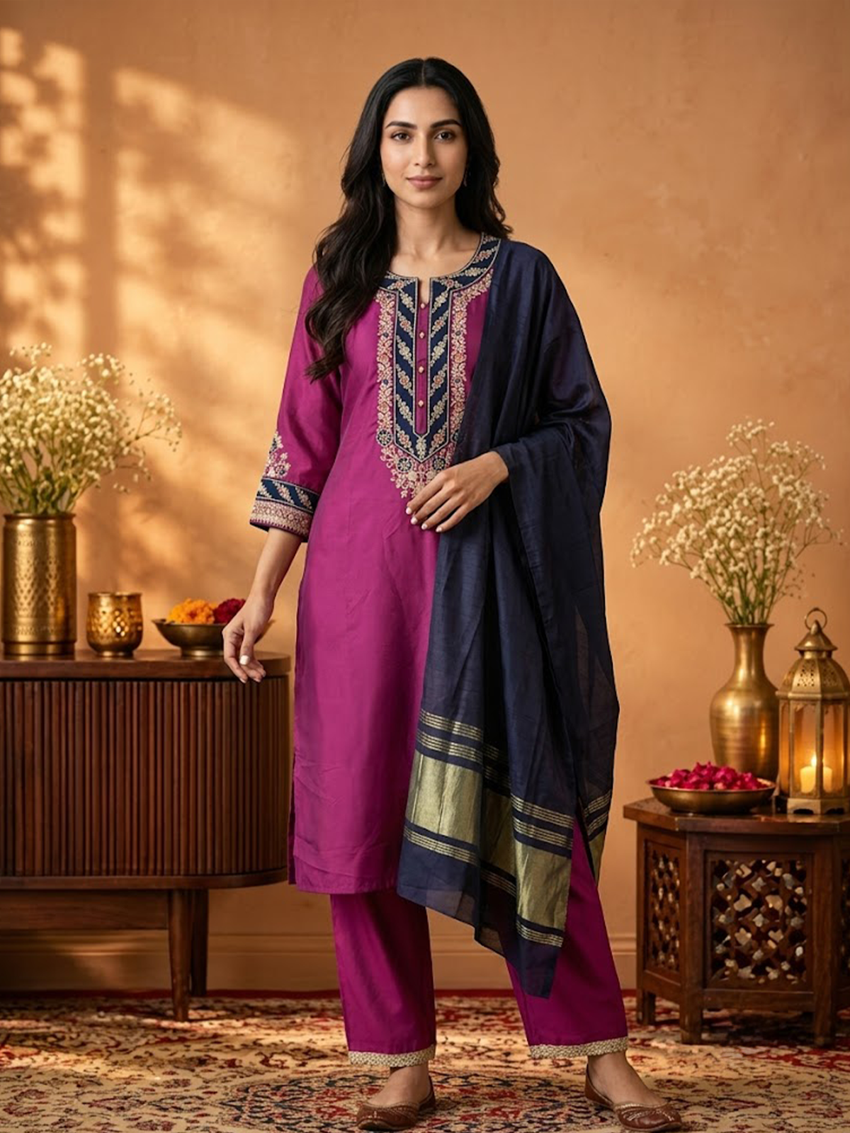 Women Pink And Peacock Blue Solid With Embroidery Kurta Comfort Pant Dupatta