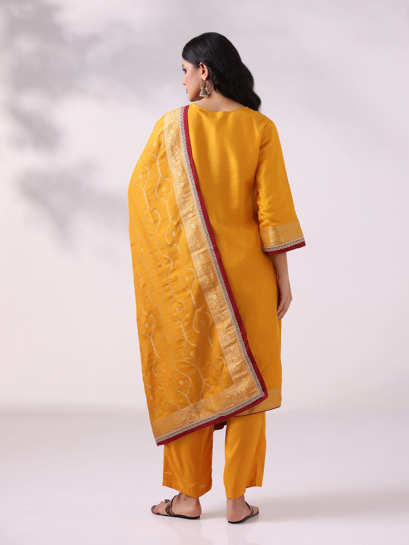 Women Dola Silk Jacquard Mustard Woven Kurta Comfort Pant Dupatta