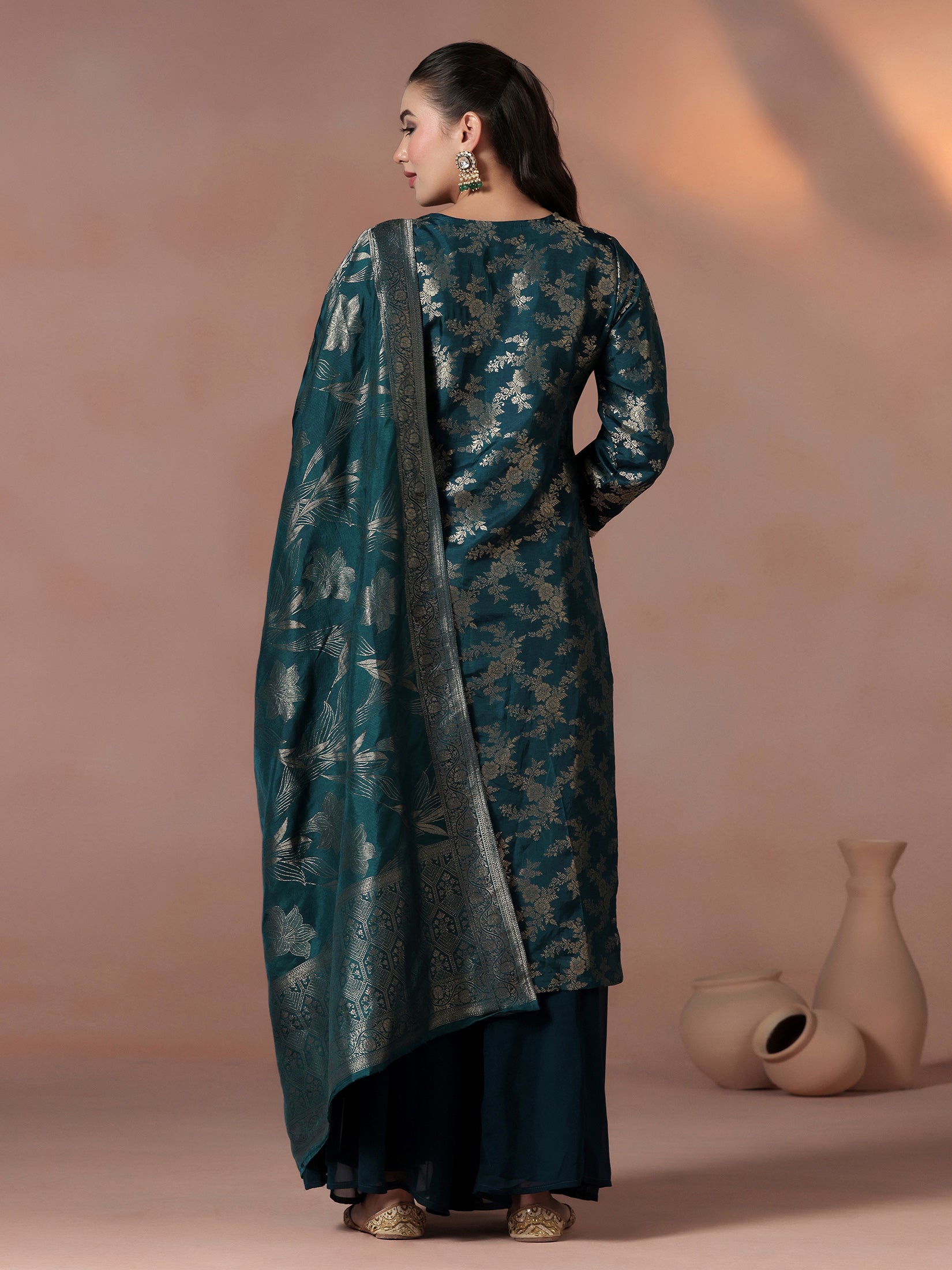 Women Silk Jacquard Blue Woven Kurta Split Pant Dupatta