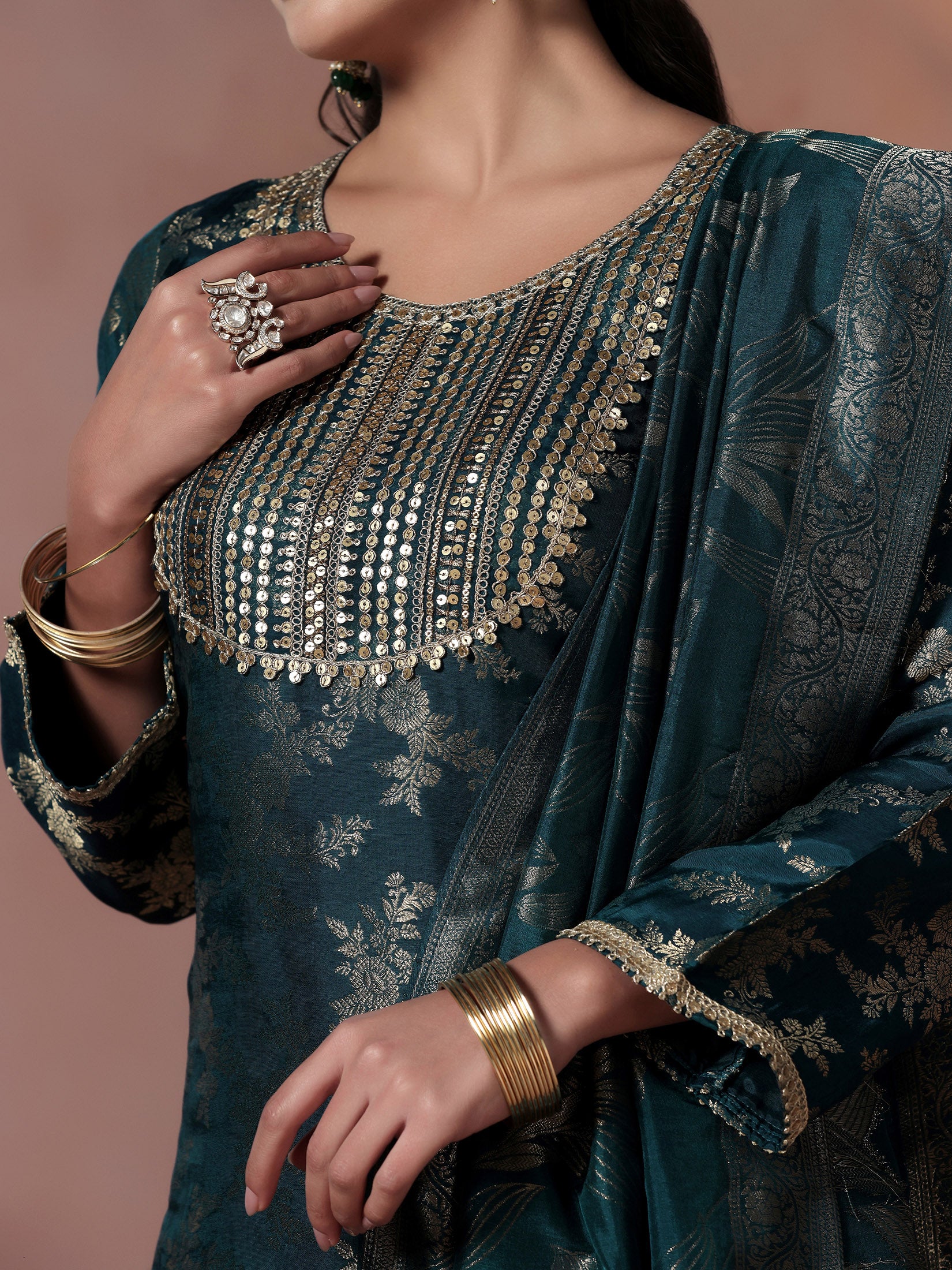 Women Silk Jacquard Blue Woven Kurta Split Pant Dupatta