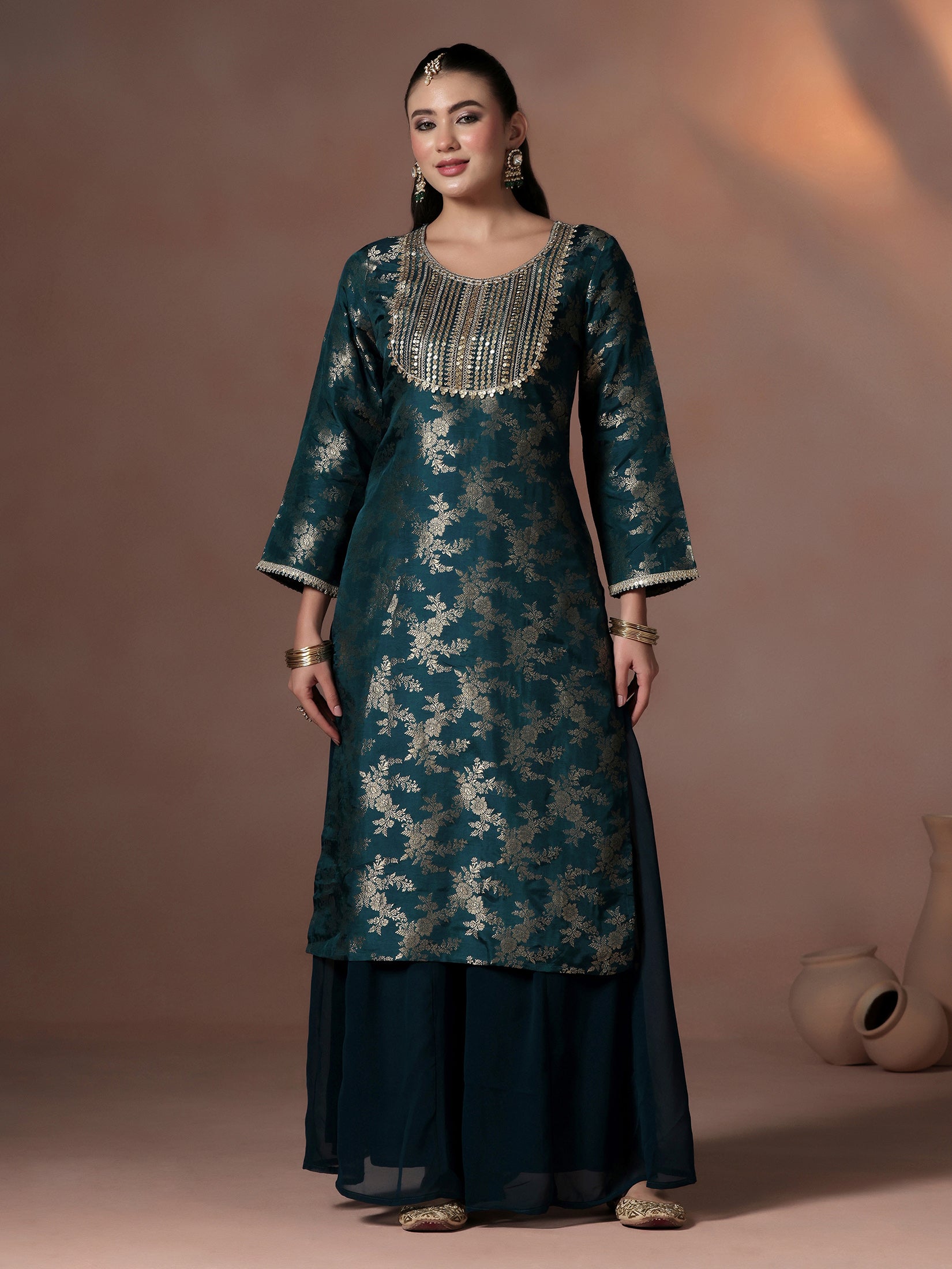 Women Silk Jacquard Blue Woven Kurta Split Pant Dupatta