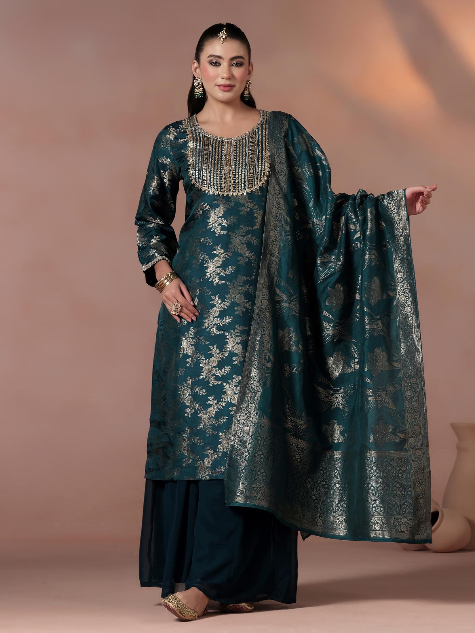 Women Silk Jacquard Blue Woven Kurta Split Pant Dupatta.