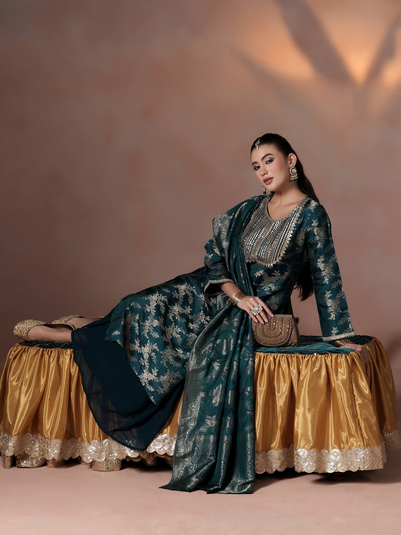 Women Silk Jacquard Blue Woven Kurta Split Pant Dupatta